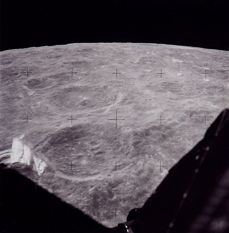 One of three images taken from the LM during LM activation in lunar orbit, which were taken to make sure the film in the magazine would advance once they landed.