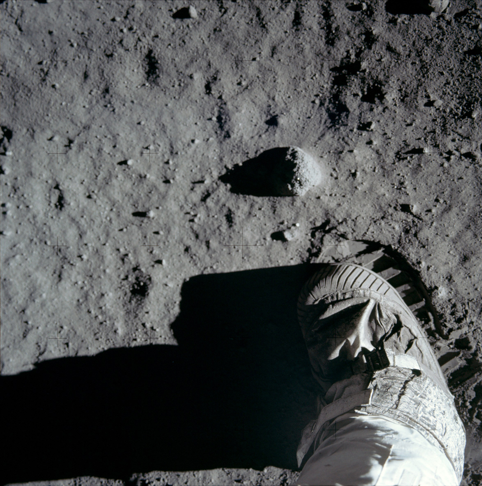A close-up of the lunar surface with Buzz's boot and footprint. He took this photo right after the iconic foot print image.