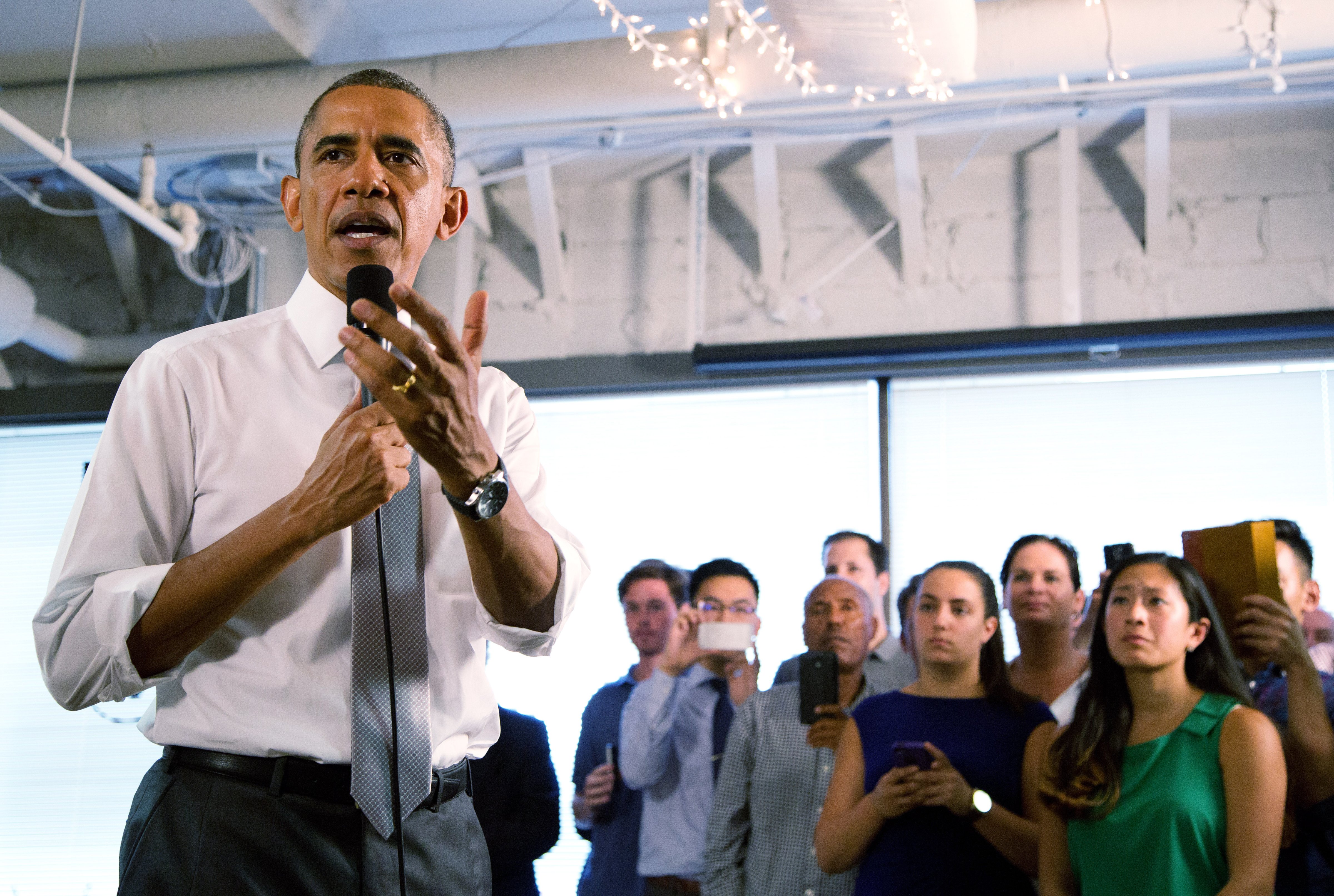U.S. President Barack Obama speaks about the economy at the technology start-up hub "1776" July 3, 2014 in Washington, DC. (Pool—Getty Images)
