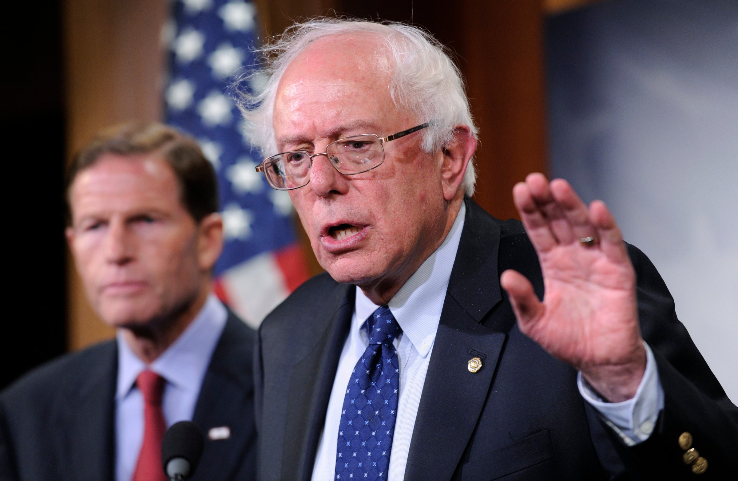 From right: Senator Bernie Sanders and Senator Richard Blumenthal during a news conference on Capitol Hill in Washington, D.C., on July 24, 2014.