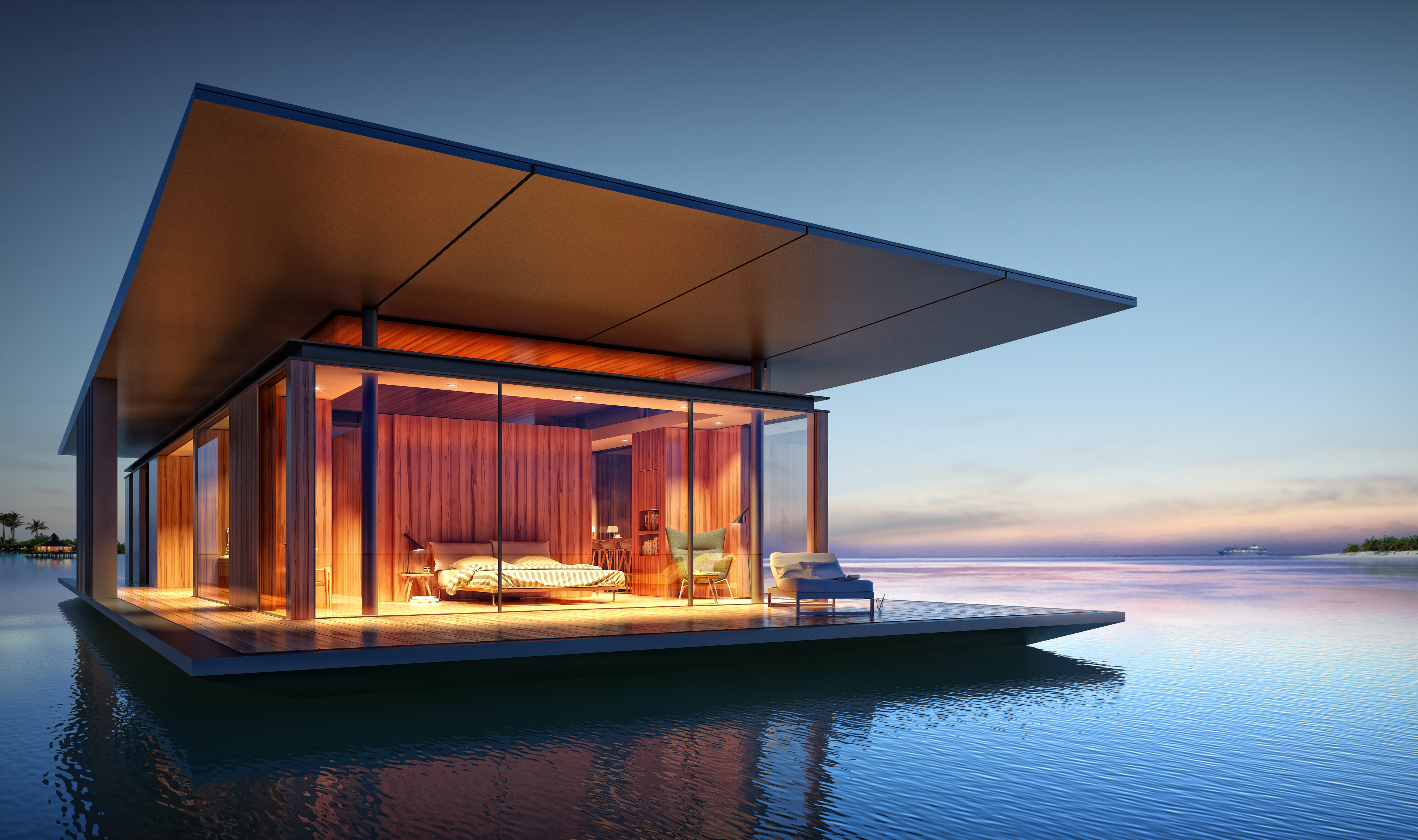 This floating home concept was designed by the Singapore-based architect Dymitr Malcew to offer luxury on the water. The home sits on a floating, transportable platform.