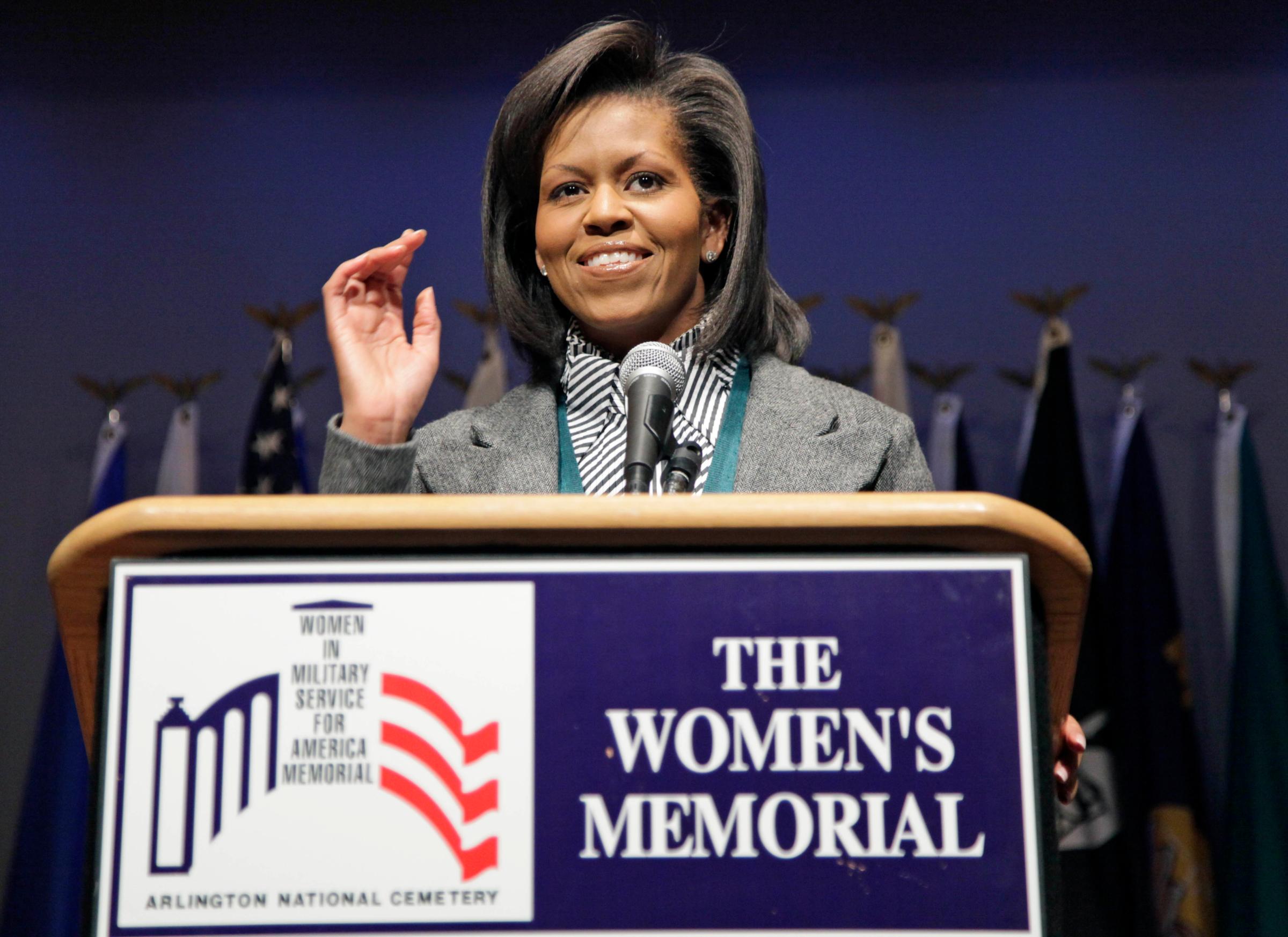 First Lady Michelle Obama speaks at Arlington National Cemetery's Women in Military Service for America Memorial Center, Tuesday, March 3, 2009, in Arlington, Virginia.