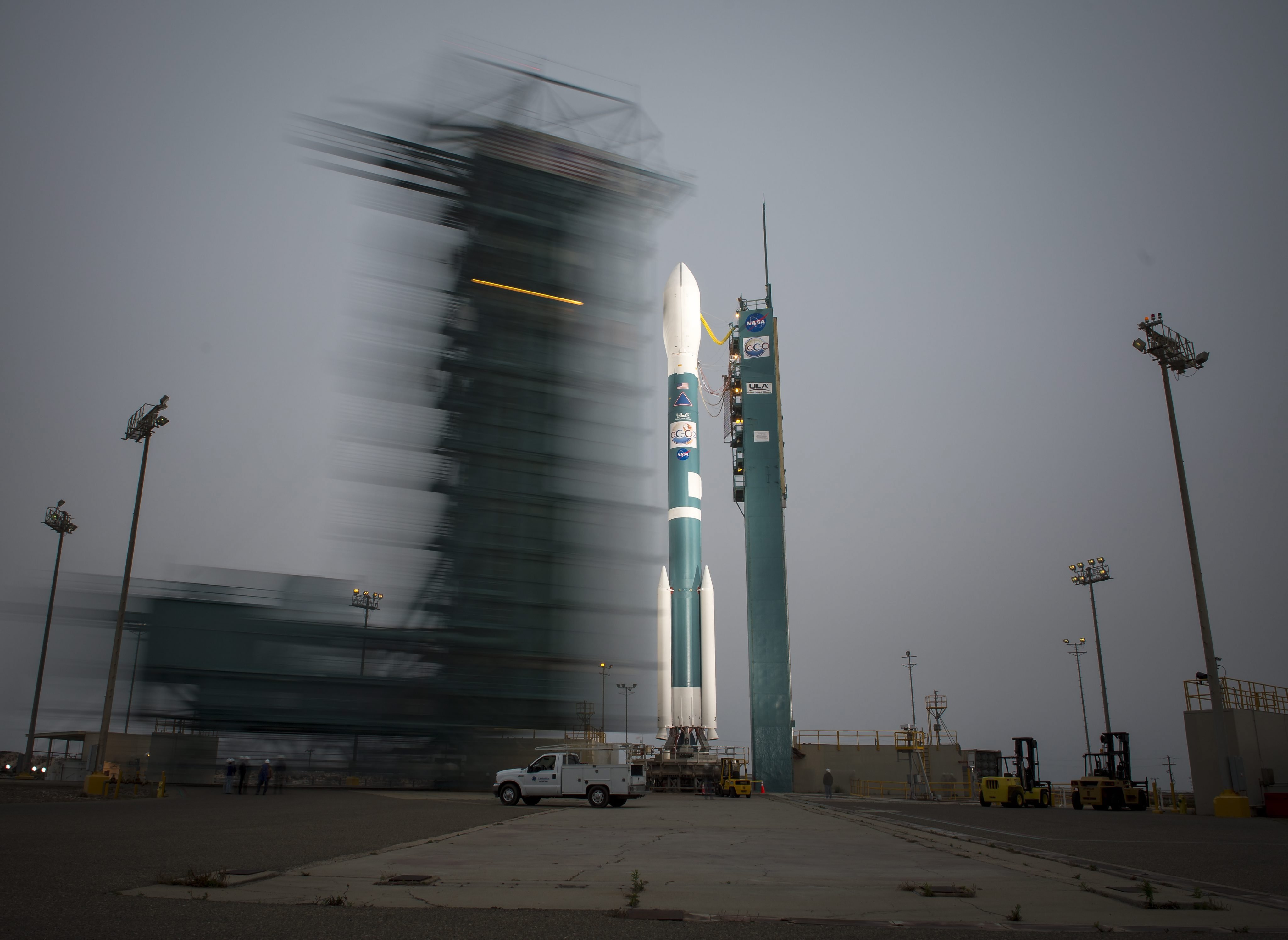 The launch gantry is rolled back to reveal the United Launch Alliance Delta II rocket with the Orbiting Carbon Observatory-2 (OCO-2) satellite onboard, at the Space Launch Complex Two, of the Vandenberg Air Force Base, California,  on June 30, 2014.