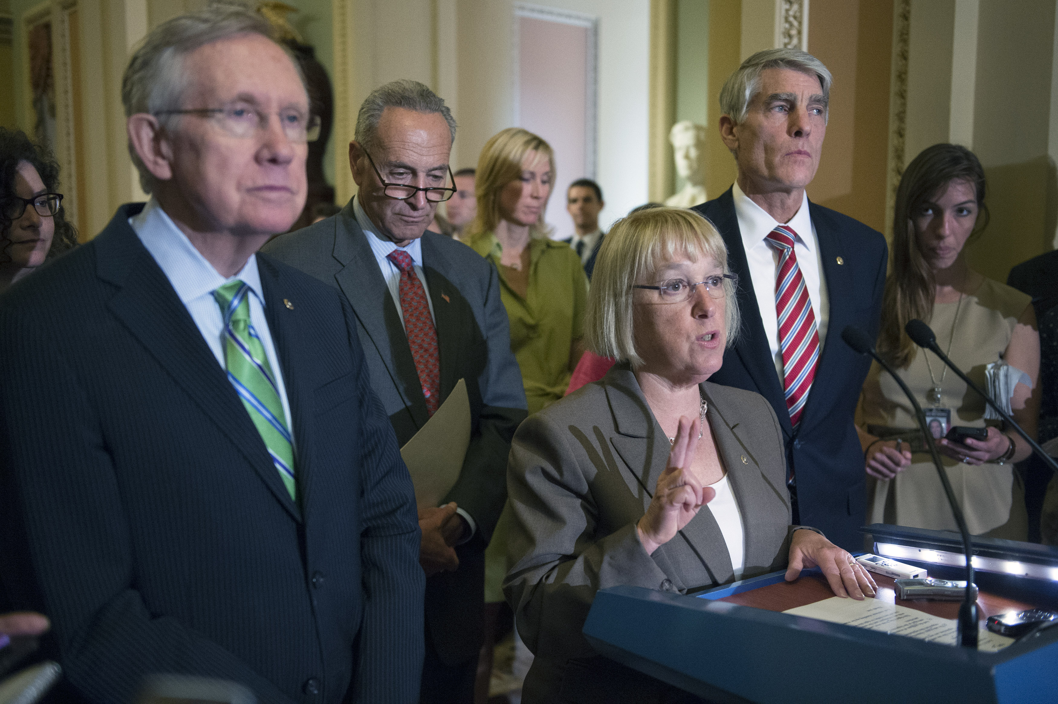 Sen. Patty Murray, D-Was,.  is joined by Sen. Mark Udall, D-Col,. Senate Majority Leader Harry Reid D-Nev., and Sen. Charles Schumer, D-N.Y., at a news conference following a procedural vote on S.2578, the "Protect Women's Heath From Cooperate Interference Act of 2014,"  July 16, 2014 in Washington, DC. (Kevin Dietsch—UPI/Landov)