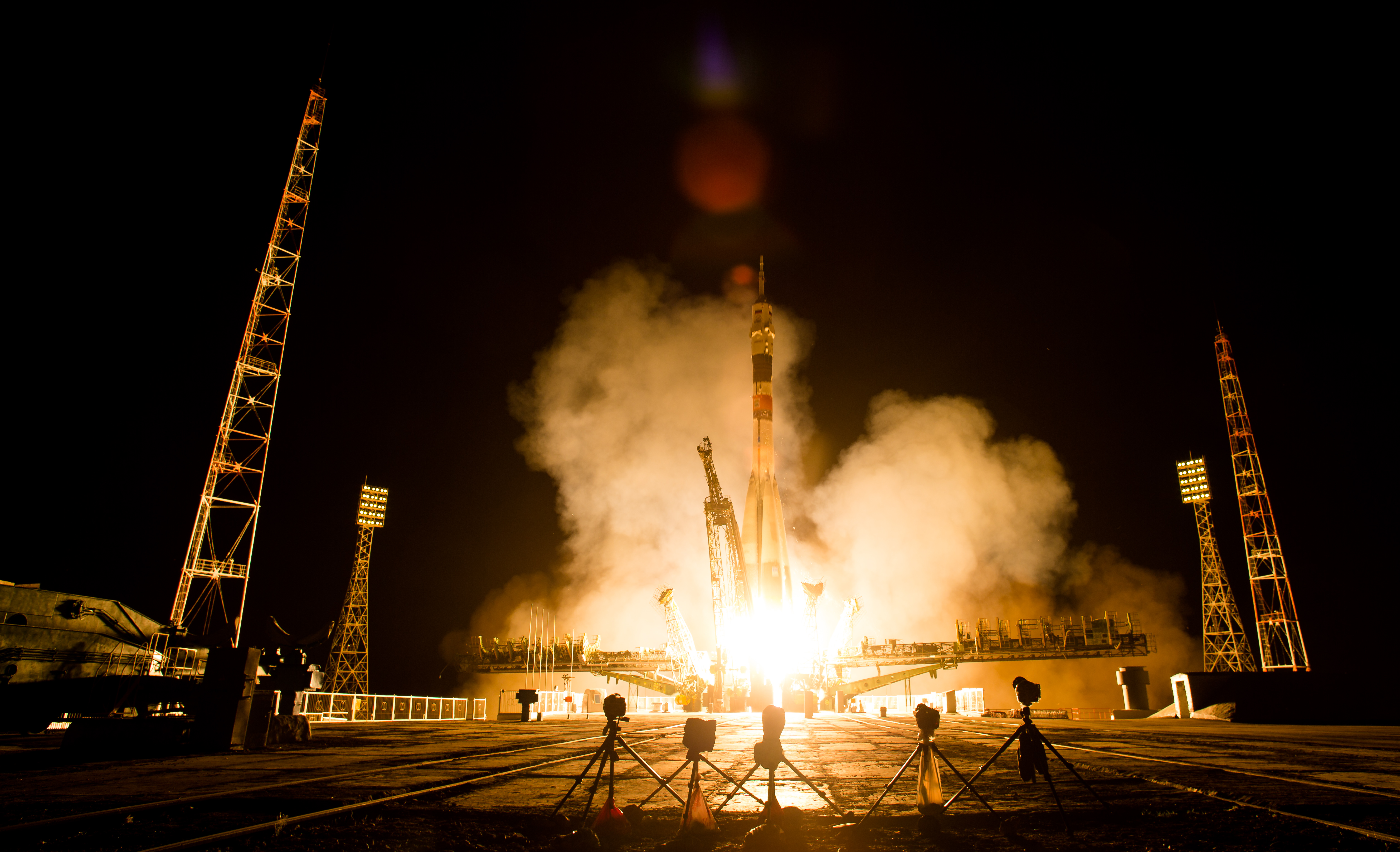 The Soyuz TMA-13M rocket is launched with three astronauts inside on May 29, 2014 at the Baikonur Cosmodrome in Kazakhstan.