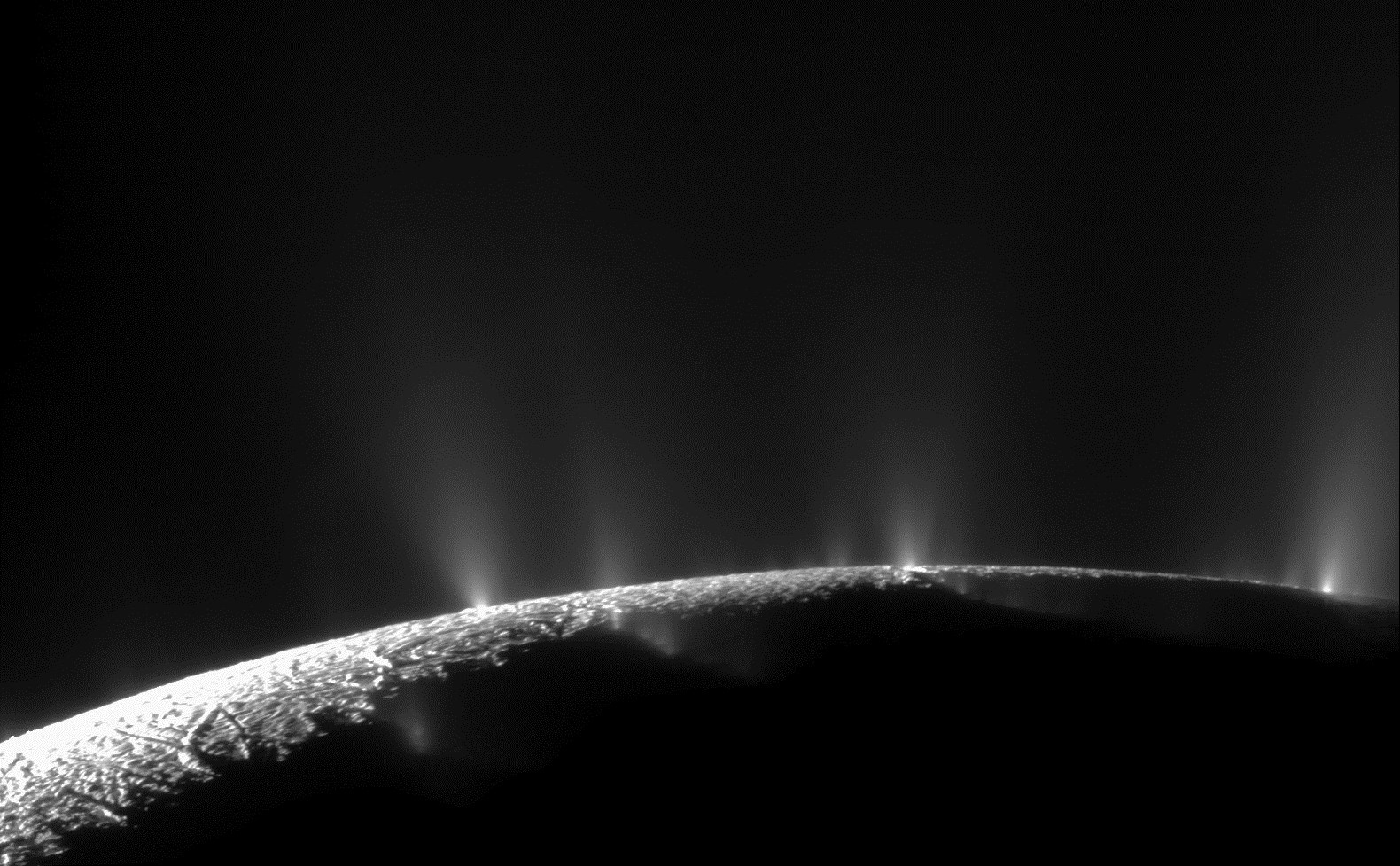 Dramatic plumes, both large and small, spray water ice and vapor from many locations along the famed "tiger stripes" near the south pole of Saturn's moon Enceladus. (NASA/JPL-Caltech/SSI)