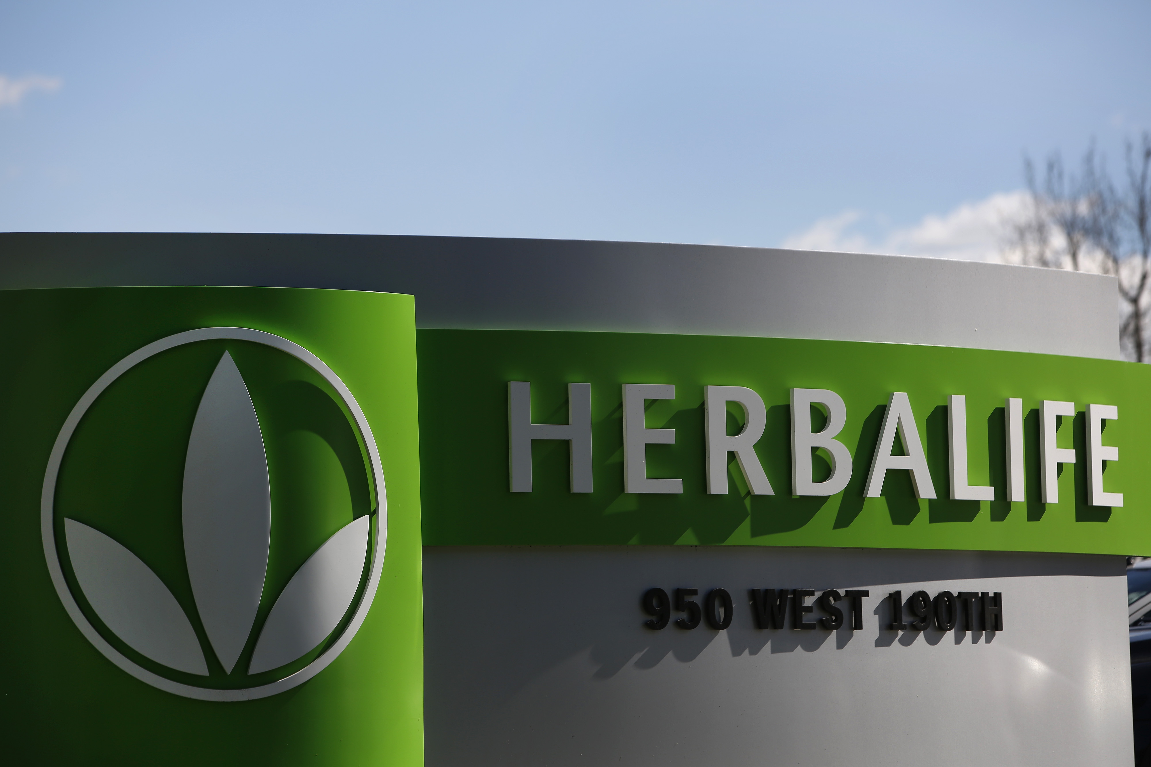 Herbalife Ltd. signage is displayed outside of Herbalife Plaza in Torrance, Calif. on Feb. 3, 2014. (Bloomberg/Getty Images)