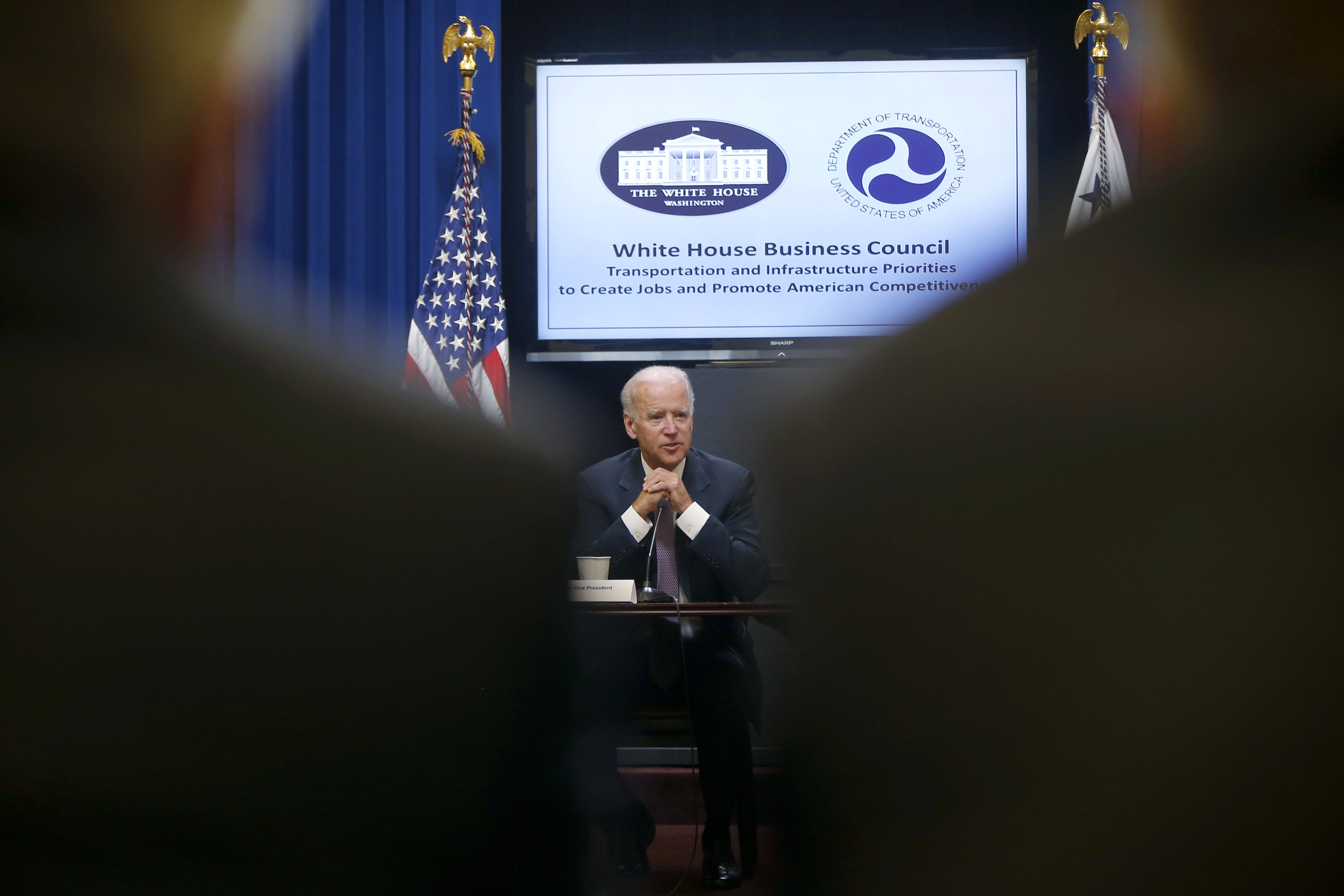 Vice President Joe Biden speaks to government and business officials about transportation infrastructure and the Highway Trust Fund at a meeting hosted by the White House Business Council, Wednesday, July 9, 2014, in the Eisenhower Executive Office Building on the White House complex in Washington. 