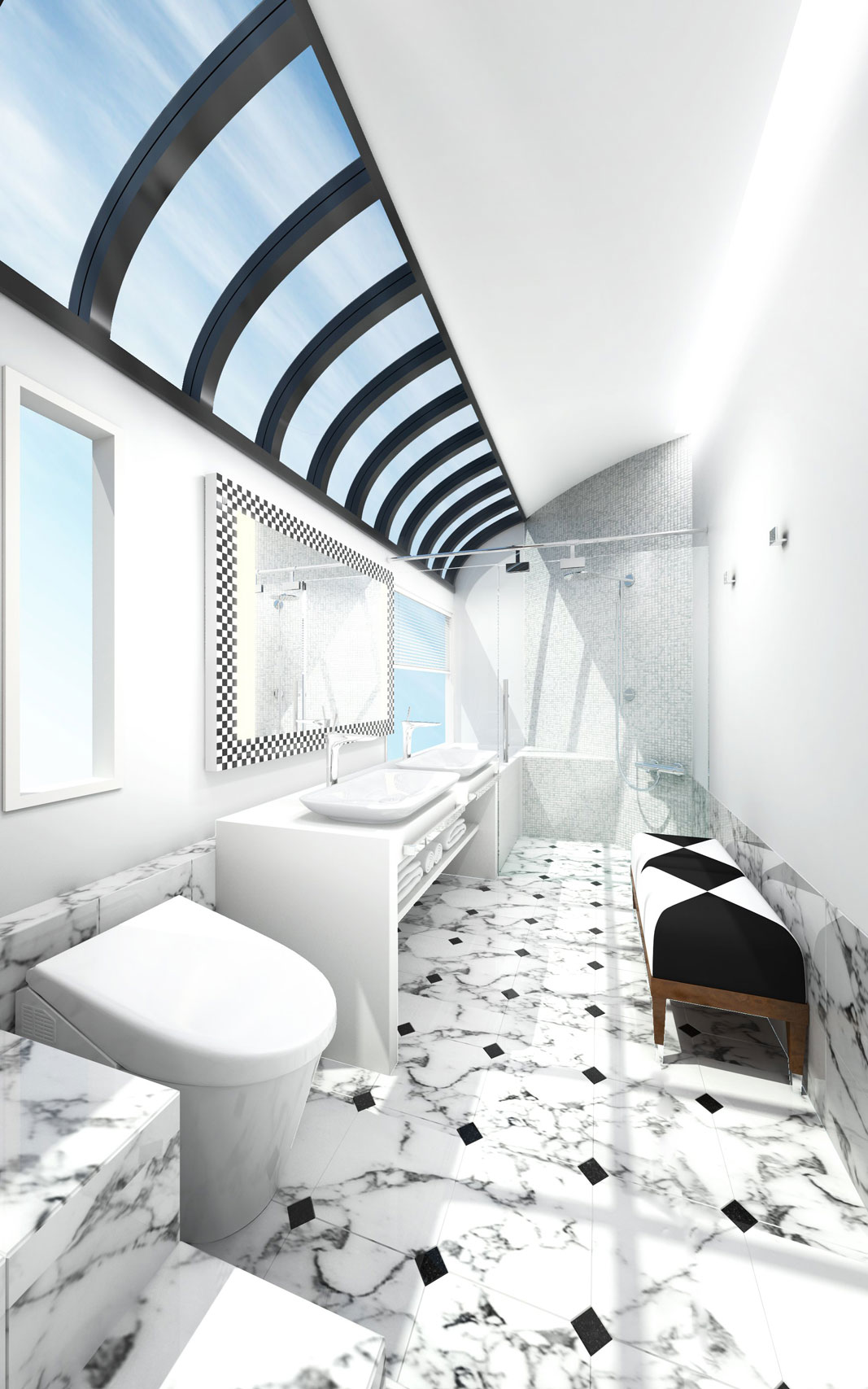 A rendering of a deluxe suite bathroom.