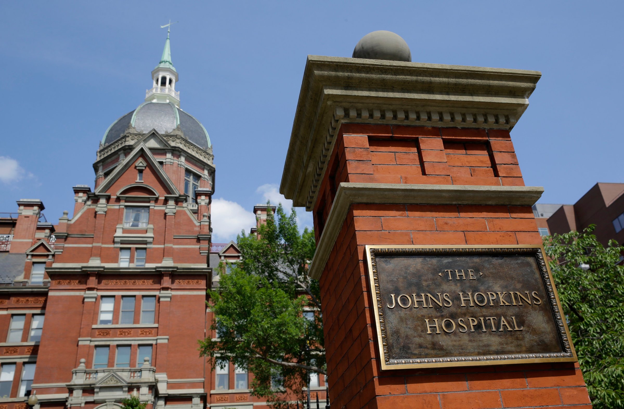 A sign stands in front of part of the Johns Hopkins Hospital complex on July 8, 2014, in Baltimore.