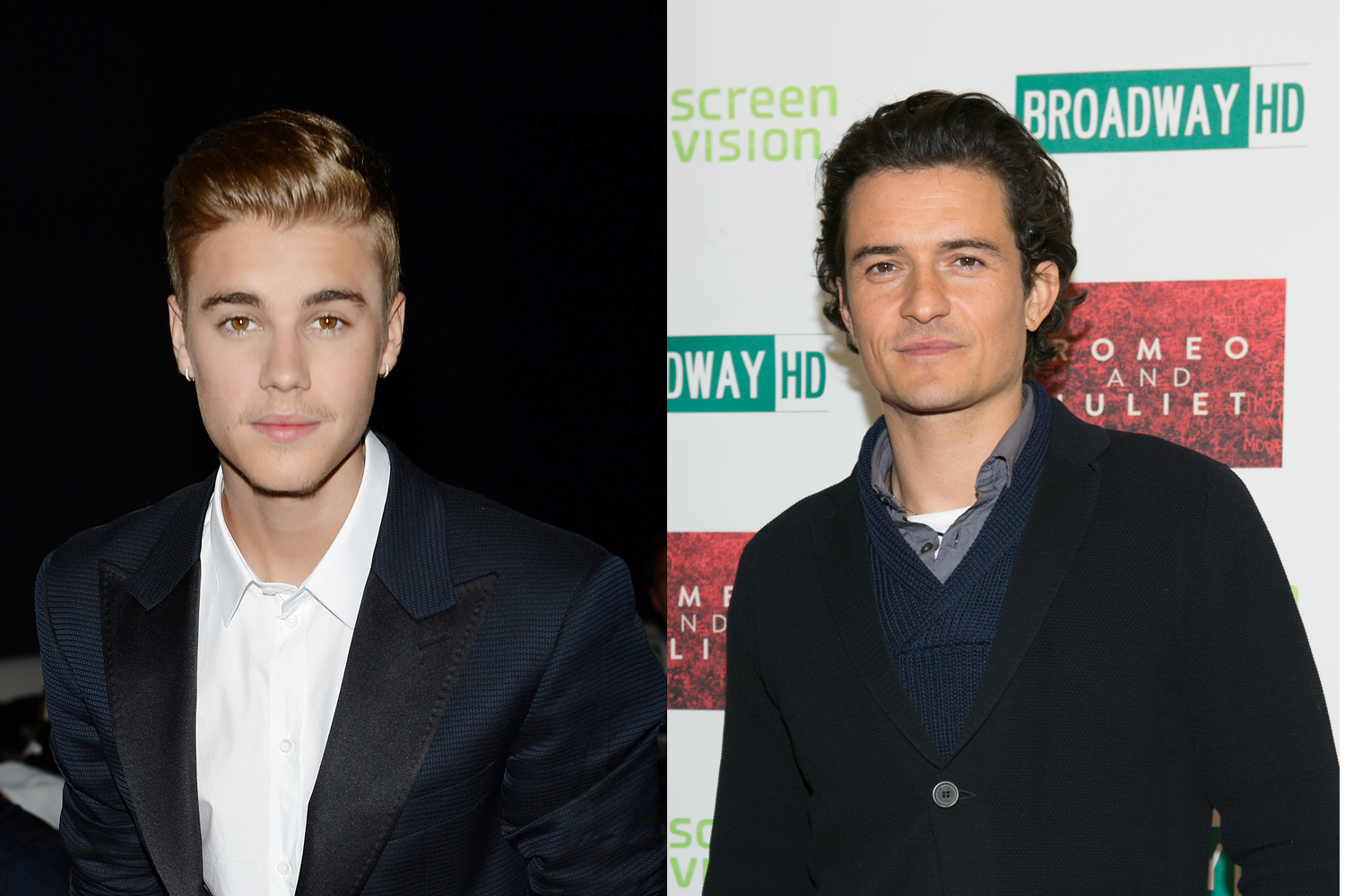 Justin Bieber (L) and Orlando Bloom (R) (Luca Teuchmann/WireImage; Matthew Peyton/Getty Images)