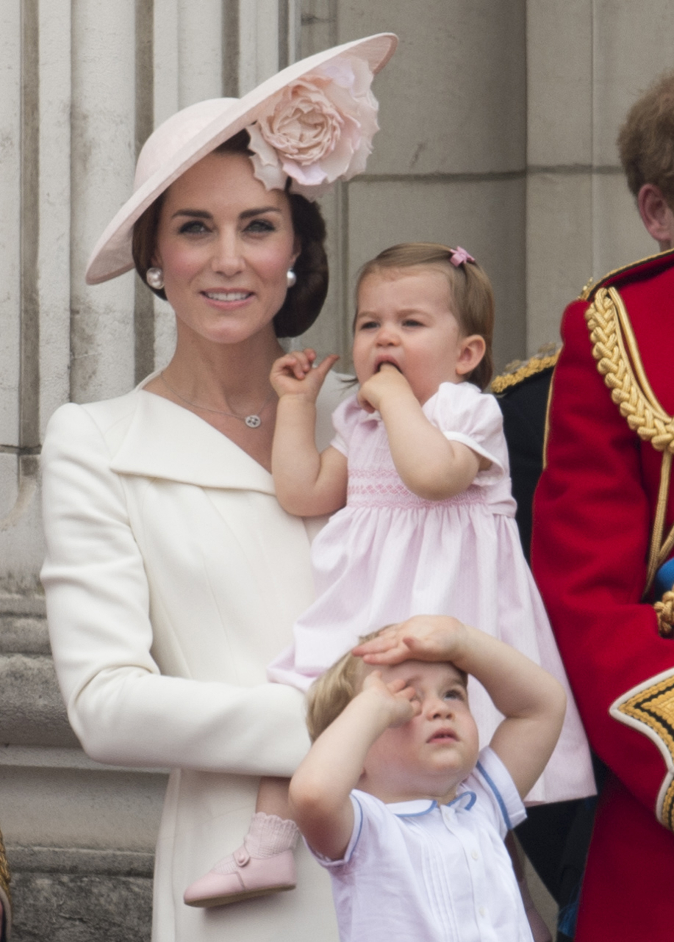 Catherine, Duchess of Cambridge with Princess Charlotte of Cambridge and Prince George of Cambridge during the Trooping the Colour, this year marking the Queen's 90th birthday at The Mall in London on June 11, 2016.