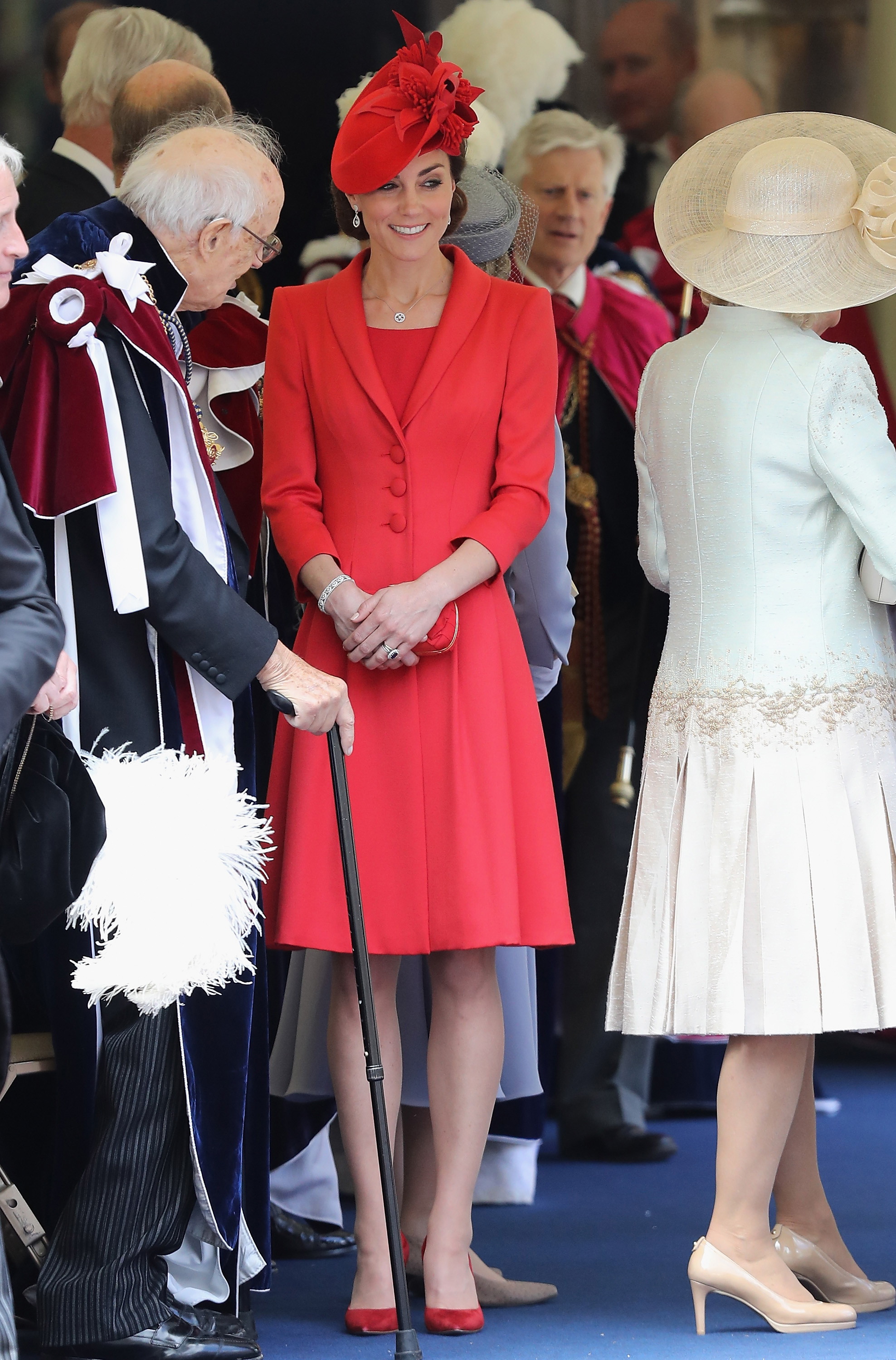 Catherine, Duchess of Cambridge, chats with guests after the Order of the Garter Service at Windsor Castle in England on June 13, 2016.
