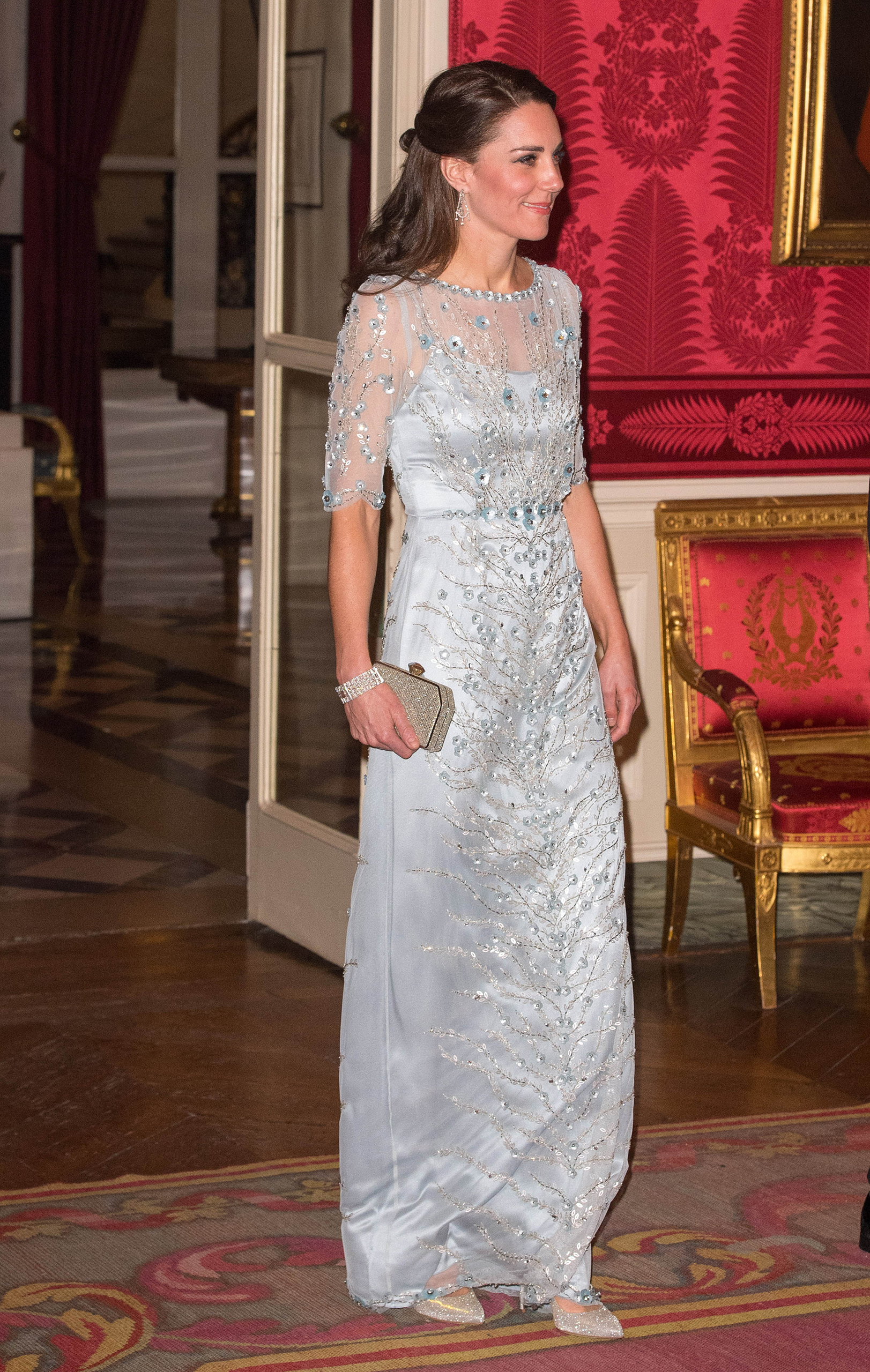 Catherine, Duchess of Cambridge, attends a dinner hosted by Her Majesty's Ambassador to France, Edward Llewellyn, at the British Embassy in Paris during a two-day visit on March 17, 2017.