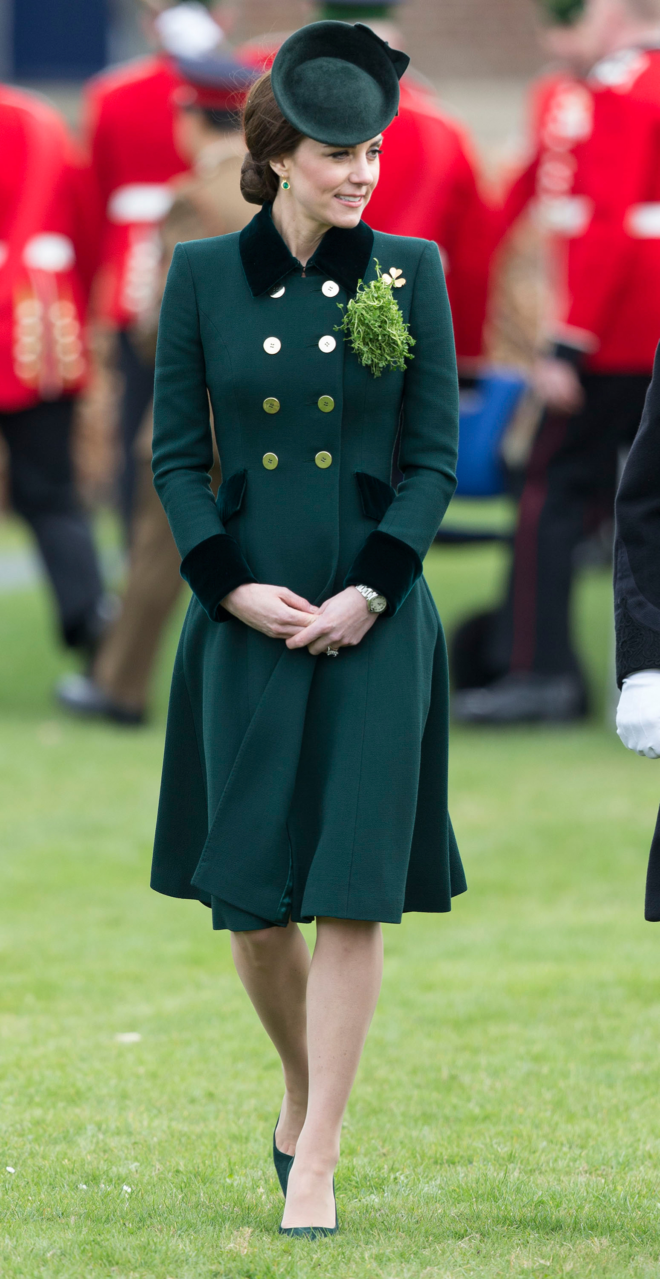 Catherine, Duchess of Cambridge, attends the annual Irish Guards St Patrick's Day Parade at Household Cavalry Barracks in London on March 17, 2017. (UK Press Pool/Getty Images)