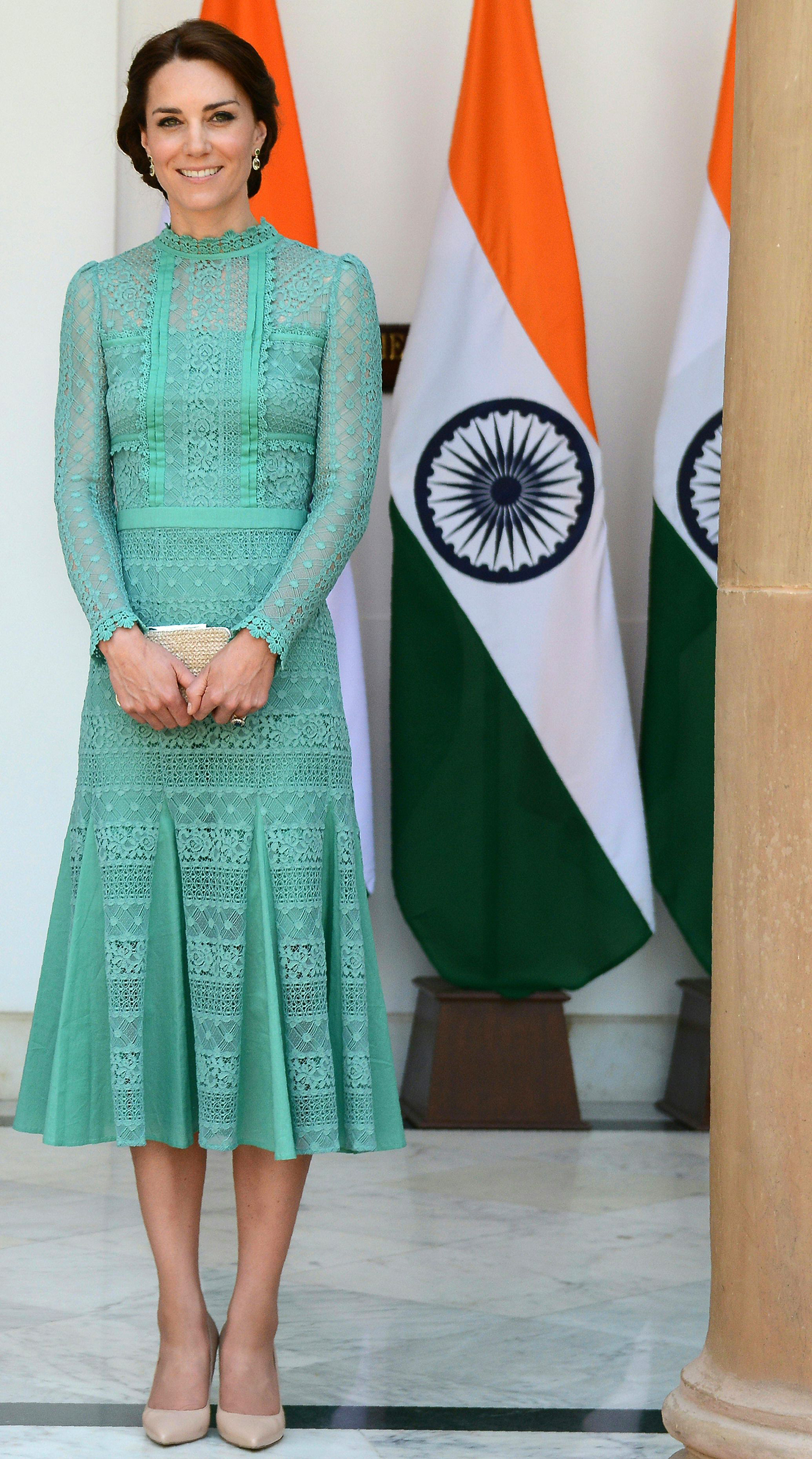 Catherine, Duchess of Cambridge looks on ahead of a lunch event with India's Prime Minister Narendra Modi at Hyderabad House in New Delhi on April 12, 2016.