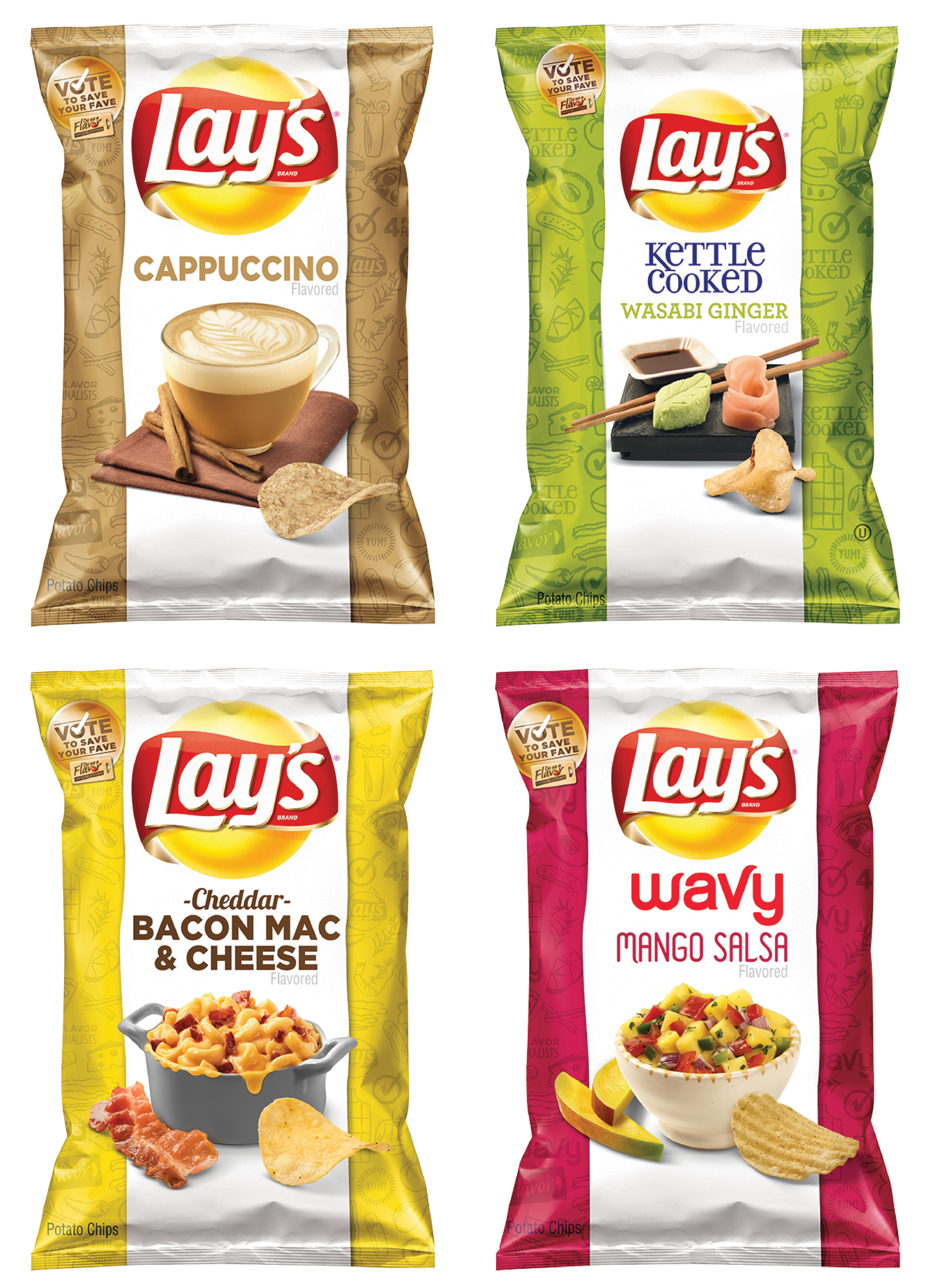Using images provided by Frito-Lay, this composite image shows the four finalists for its 2014 "Do Us a Flavor" contest in the U.S. (Associated Press)
