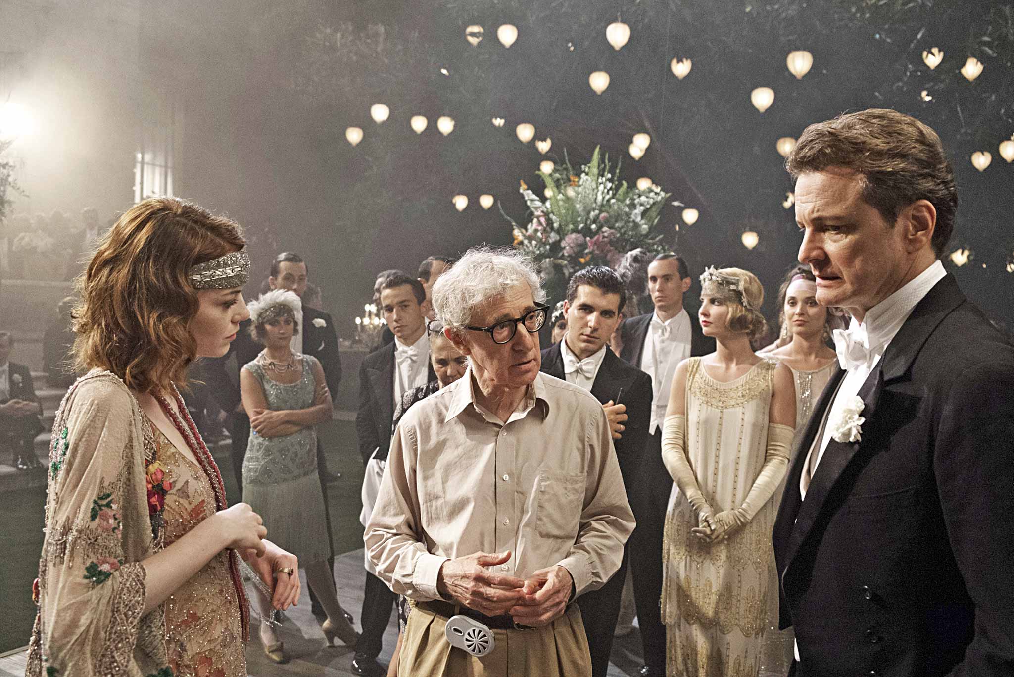 The conjurer and his lovely assistants: Allen on the Riviera set with stars Stone and Firth (Sony Pictures Classics)