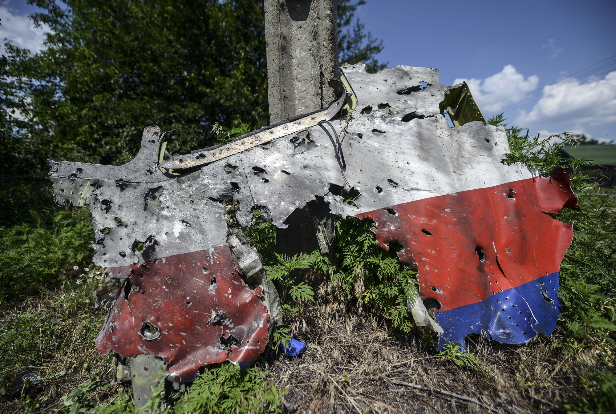 A part of the fuselage of the downed Malaysia Airlines flight MH17 is pictured in a field near the village of Grabove, in the Donetsk region, on July 23, 2014.