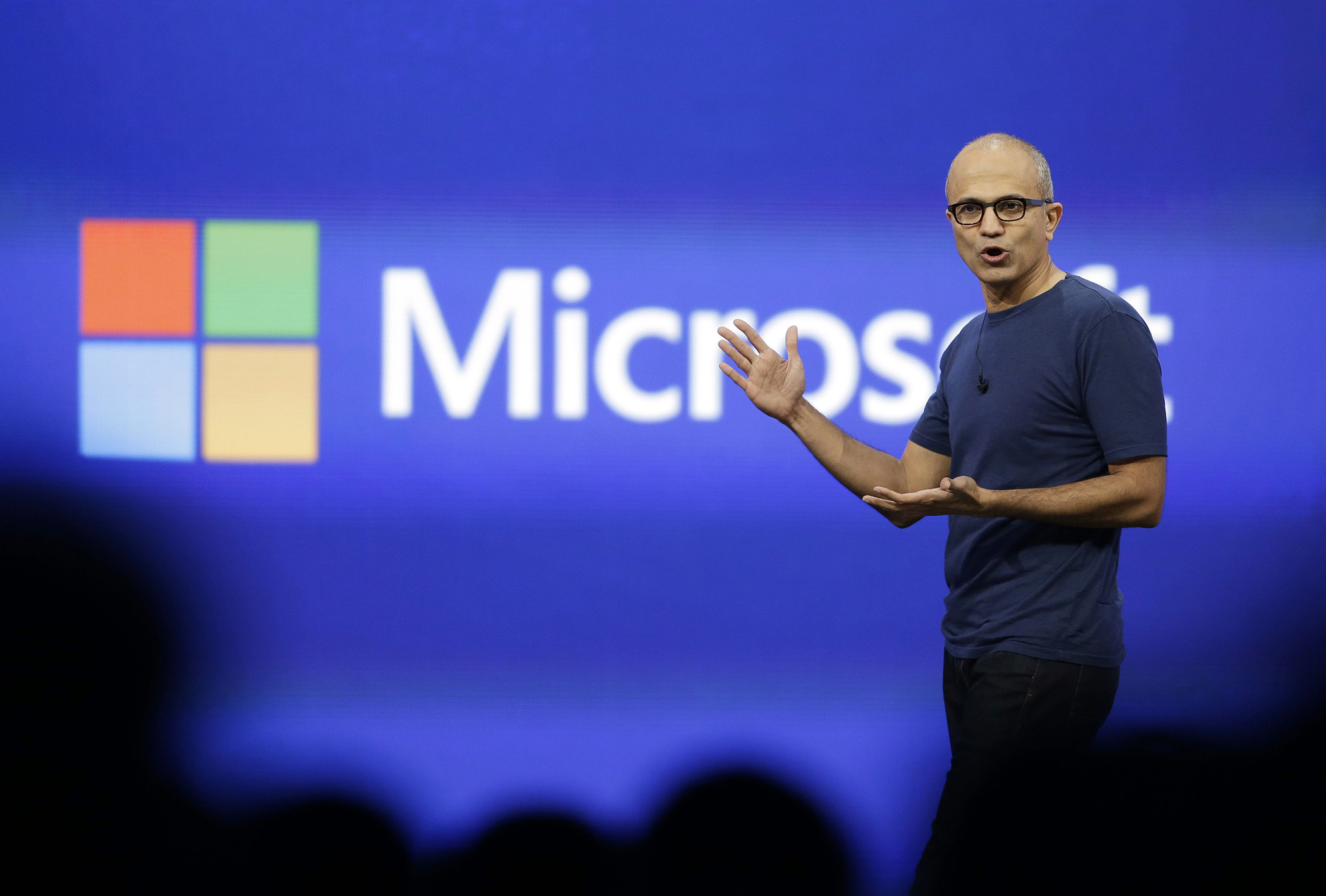Microsoft CEO Satya Nadella gestures during the keynote address of the Build Conference in San Francisco, April 2, 2014