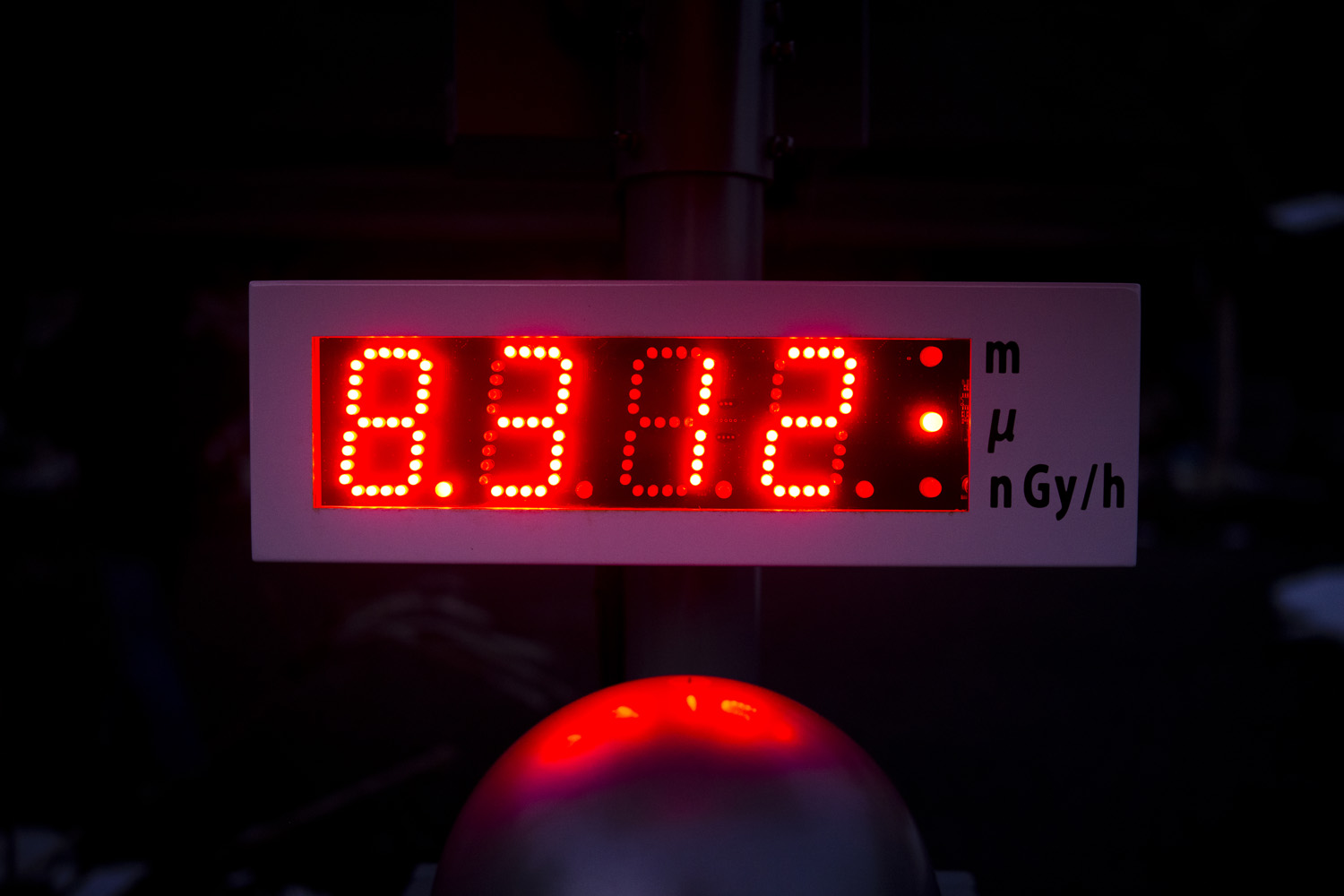 Japan, Namie, 2014. A public geiger counter displays the high levels of radiation inside the 10 - 20 km nuclear zone around the crippled Daiichi Nuclear Plant.