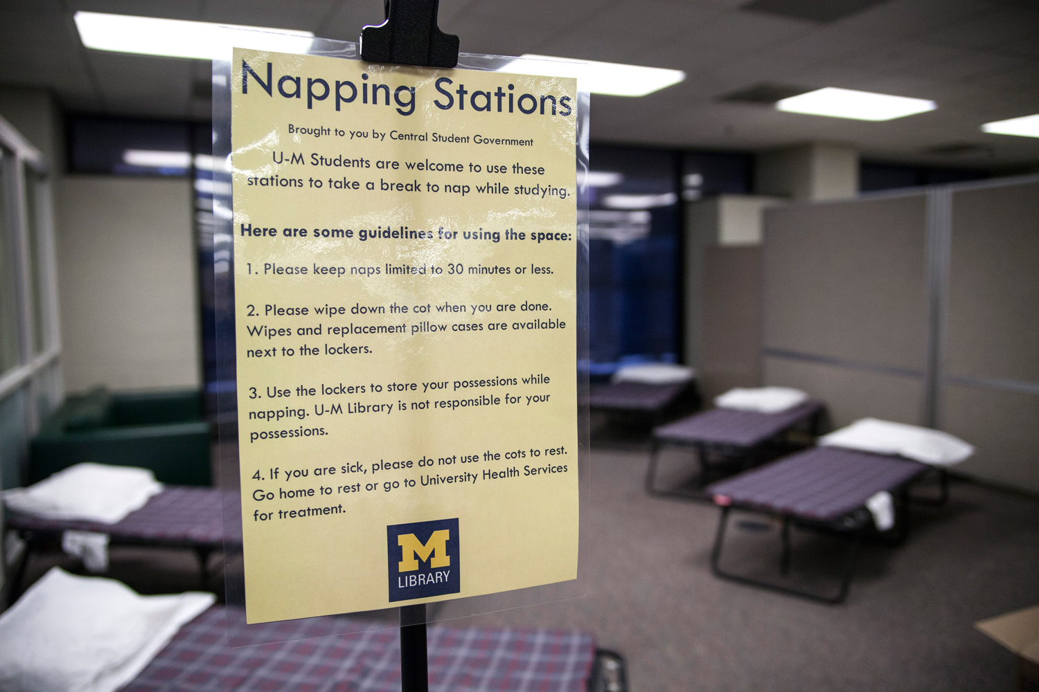 An April 29, 2014 photo shows the napping station that was implemented at the Shapiro Undergraduate Library at the University of Michigan in Ann Arbor, Michigan. (The Michigan Daily, Allison Farrand – AP)