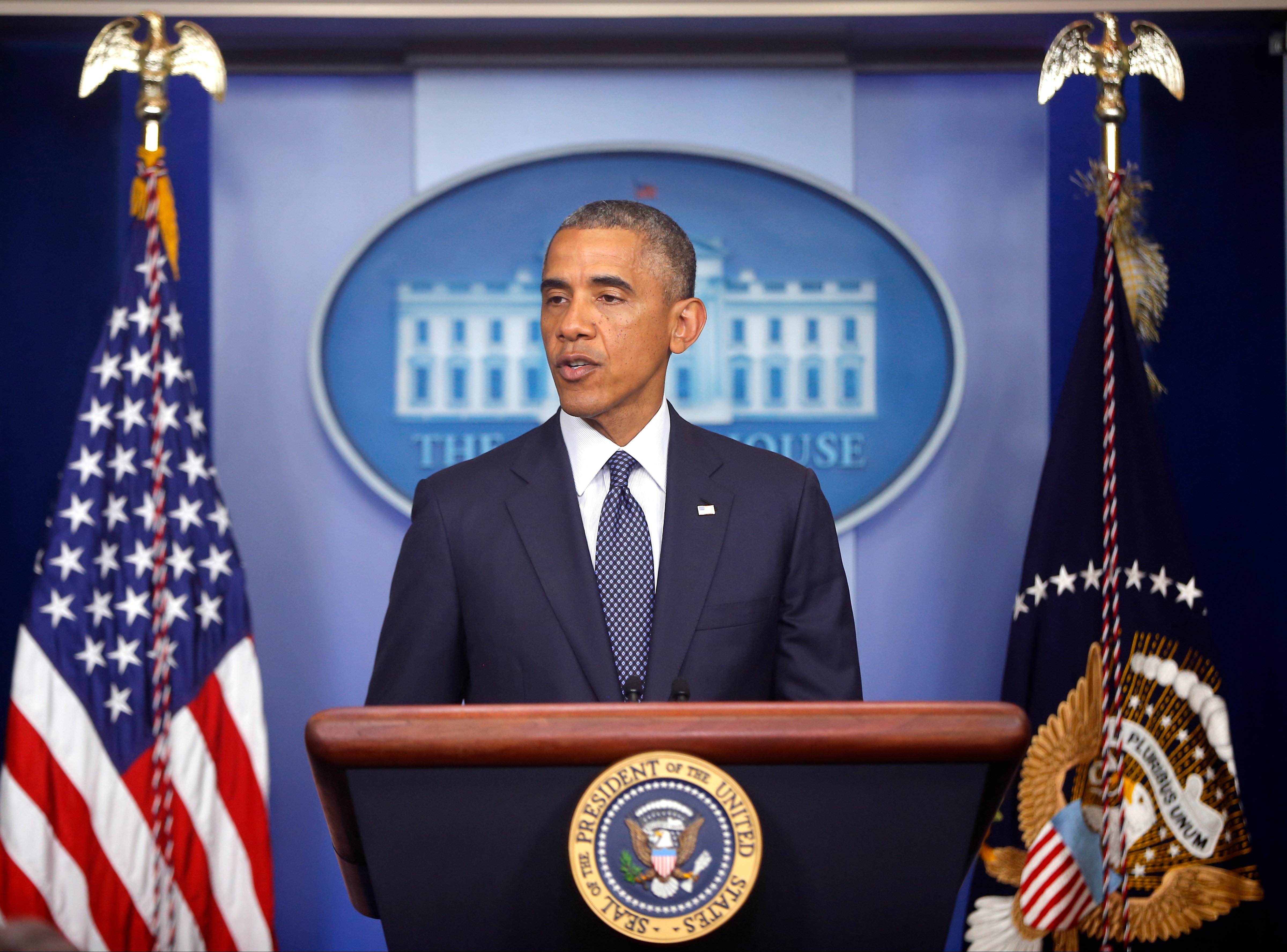 President Barack Obama speaks about foreign policy and escalating sanctions against Russia in response to the crisis in Ukraine in the James Brady Press Briefing Room at the White House in Washington DC, on July 16, 2014. 