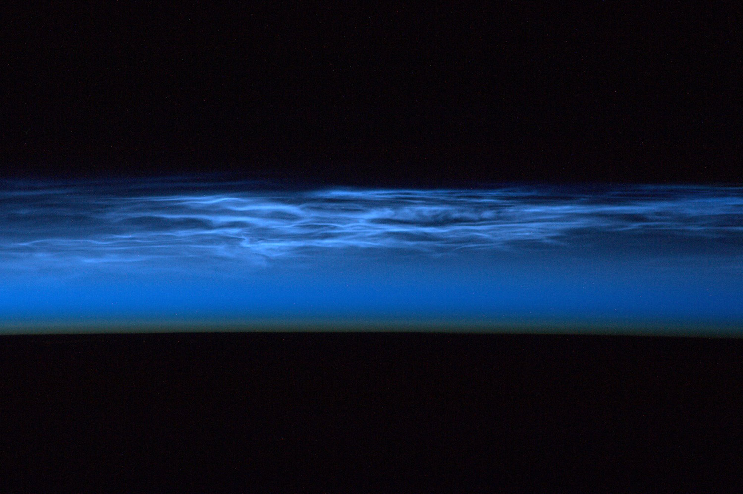 Noctilucent clouds from orbit (high altitude clouds at 82 km seen in polar regions)