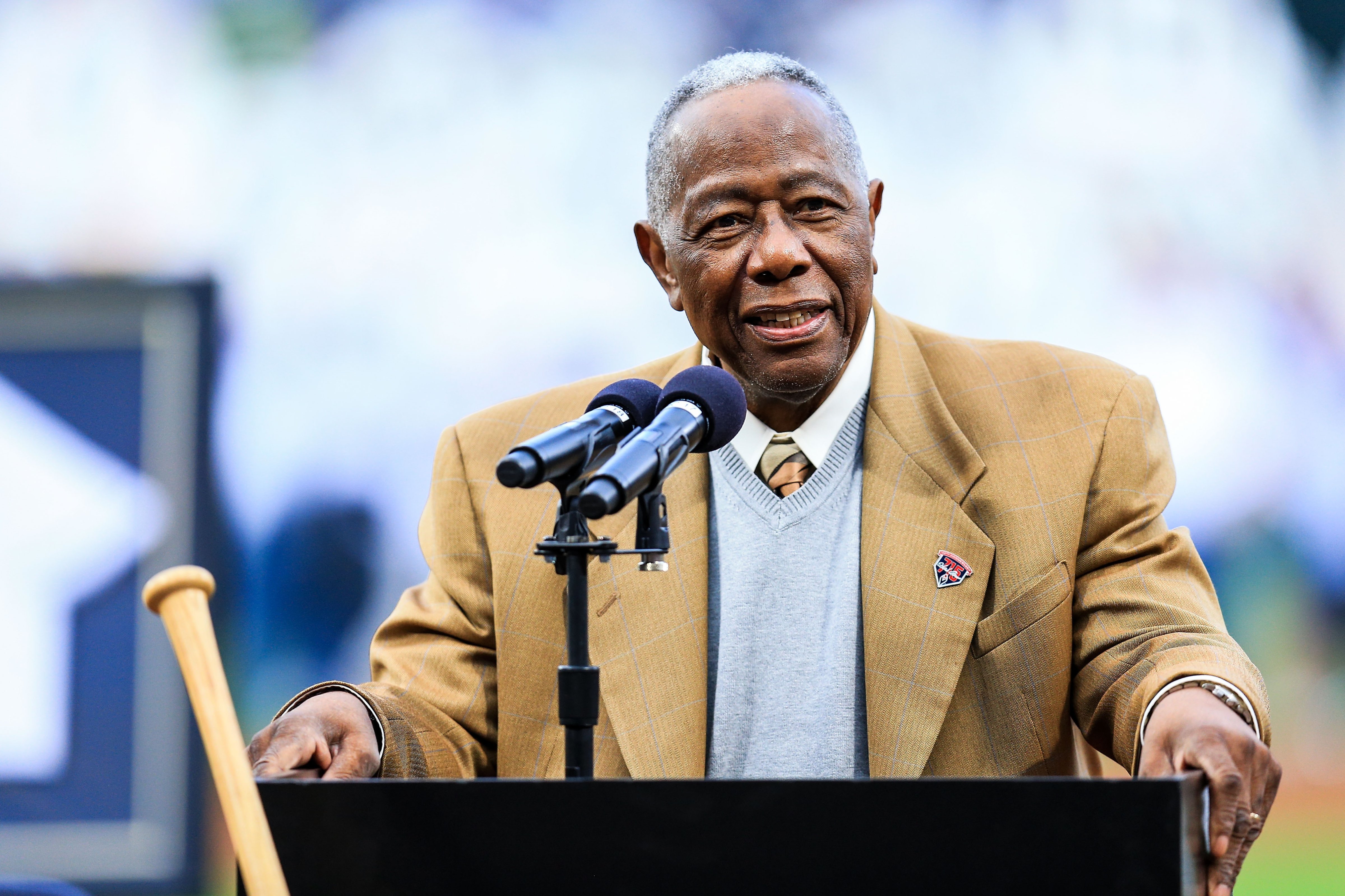 Former Atlanta Brave Hank Aaron speaks during a ceremony honoring the 40th anniversary of his 715th home run at Turner Field, Atlanta, on Apr 8, 2014 (Daniel Shirey—USA Today Sports)