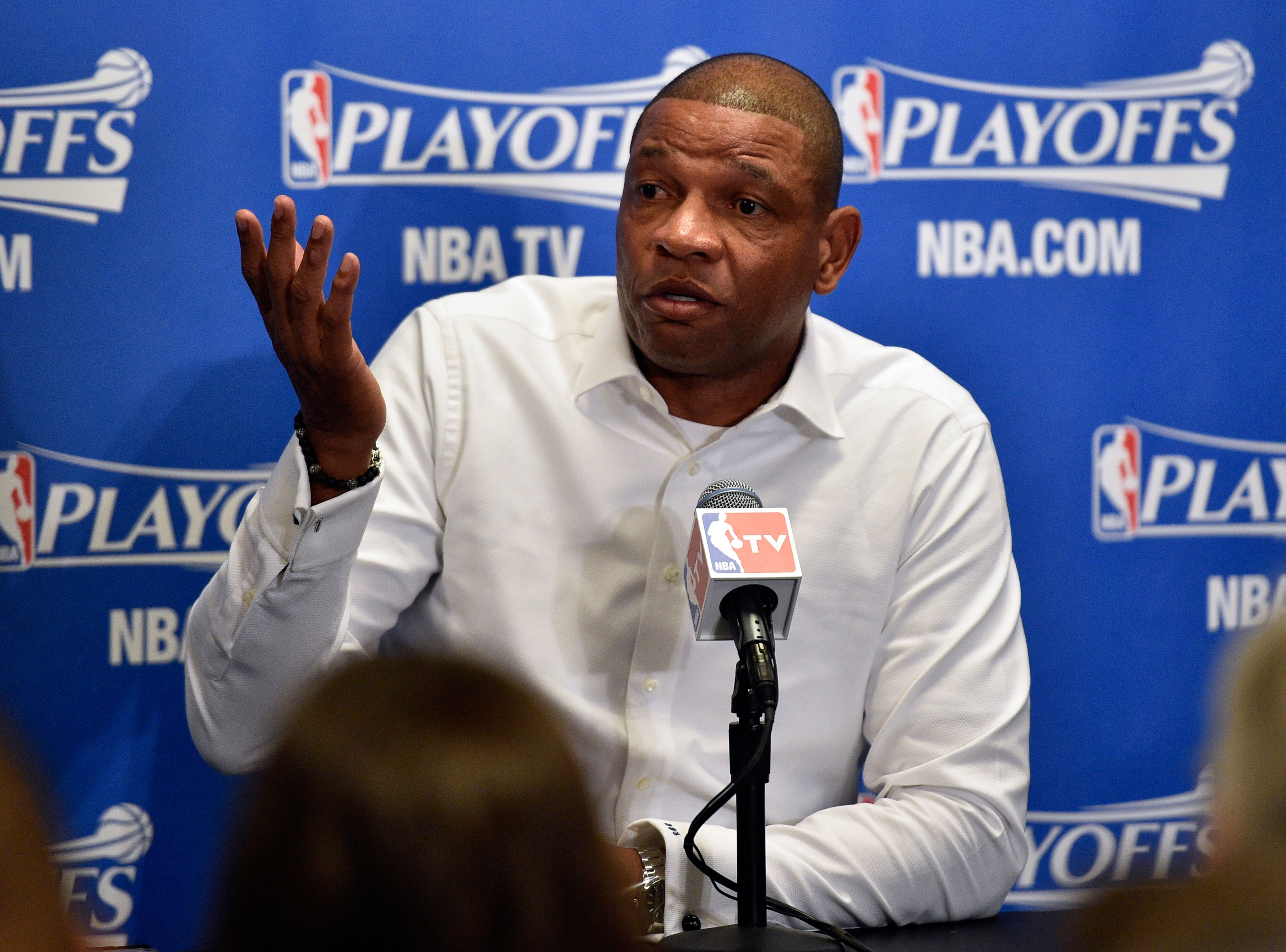 Los Angeles Clippers head coach Doc Rivers talks during a press conference prior to a game between the Golden State Warriors and Los Angeles Clippers at Staples Center, in Los Angeles, on April 29, 2014 (Kelvin Kuo—USA Today Sports/Reuters)