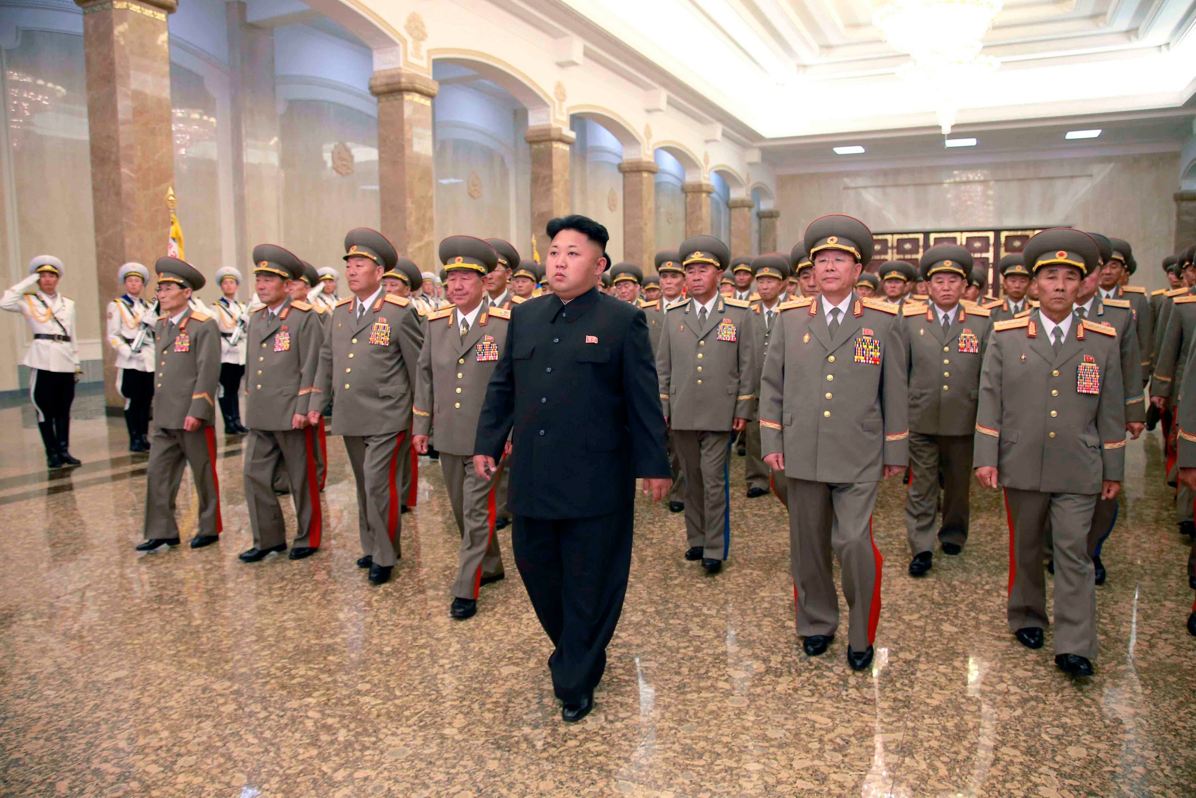 North Korean leader Kim Jong Un visits the Kumsusan Palace of the Sun in Pyongyang at midnight on July 8, 2014.