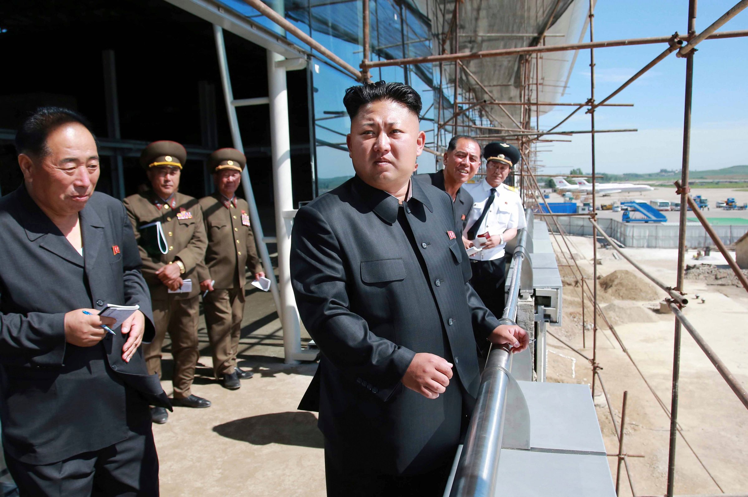 KCNA picture shows North Korean leader Kim Jong Un during a visit to the construction site of a terminal at Pyongyang International Airport