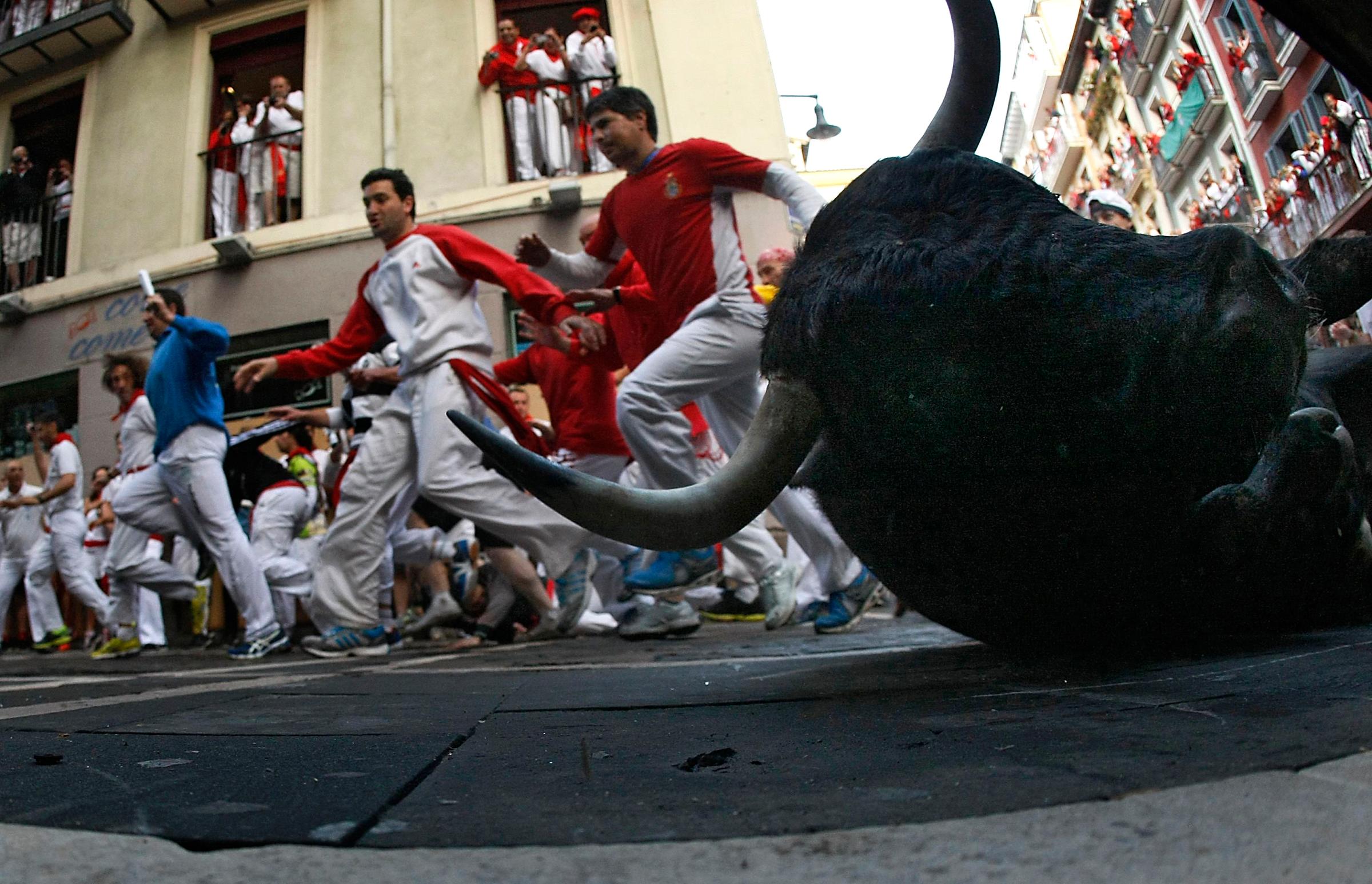 A fighting bull falls at the Estafeta corner, during the second running of the bulls of the San Fermin festival in Pamplona on July 8, 2014.