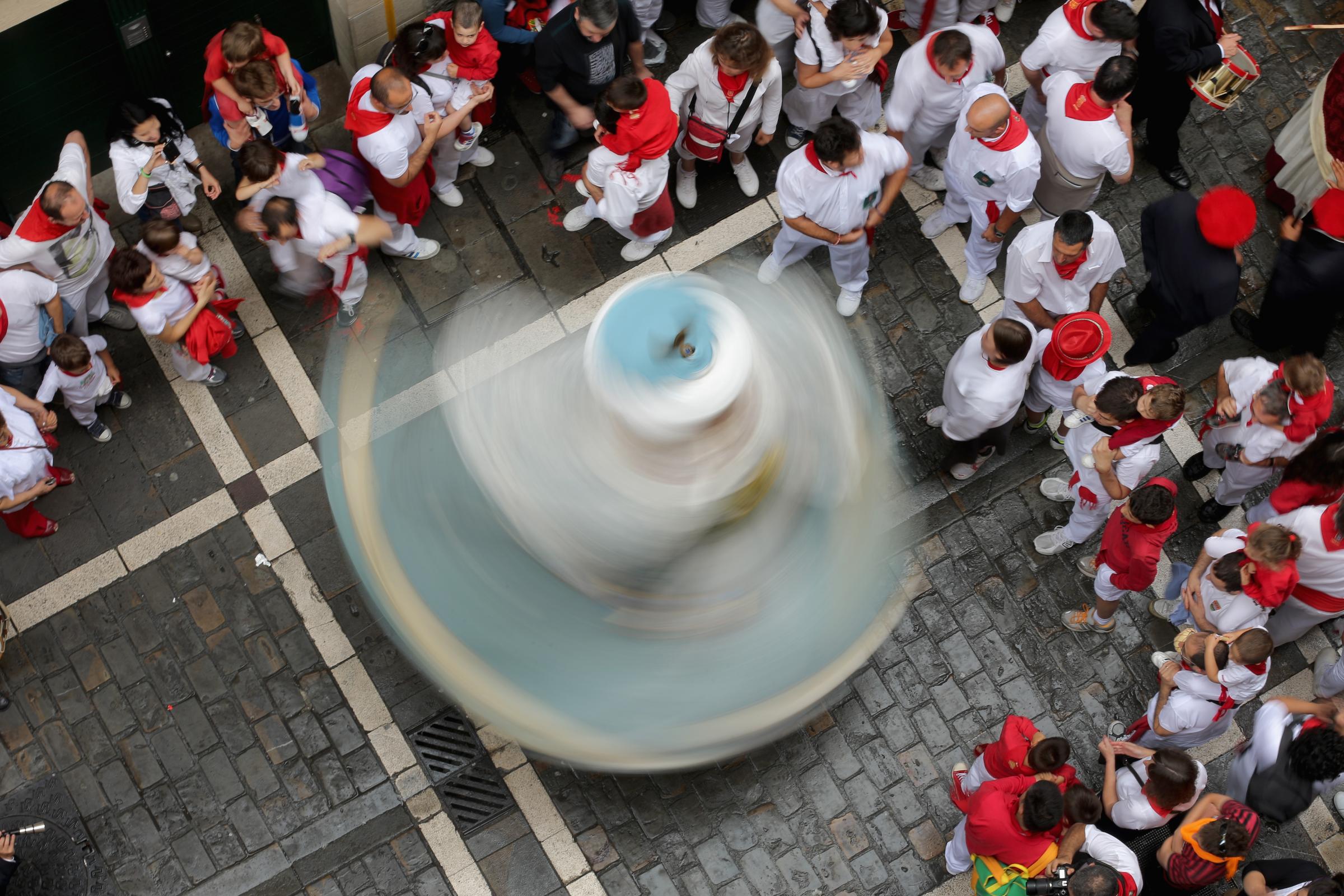 A giant mannequin spins on the third day of the San Fermin Running Of The Bulls festival, on July 8, 2014 in Pamplona, Spain.