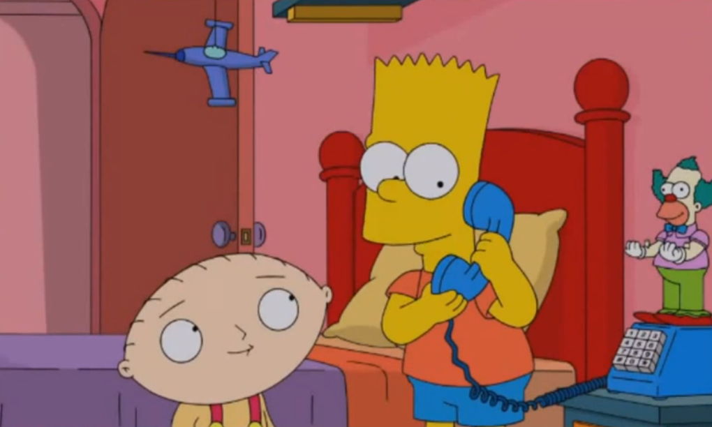 Stewie Griffin watches Bart Simpson make a prank phone call in a preview of the upcoming crossover episode between <i>Family Guy</i> and <i>The Simpsons</i> (Electronic Entertainment Expo—YouTube)