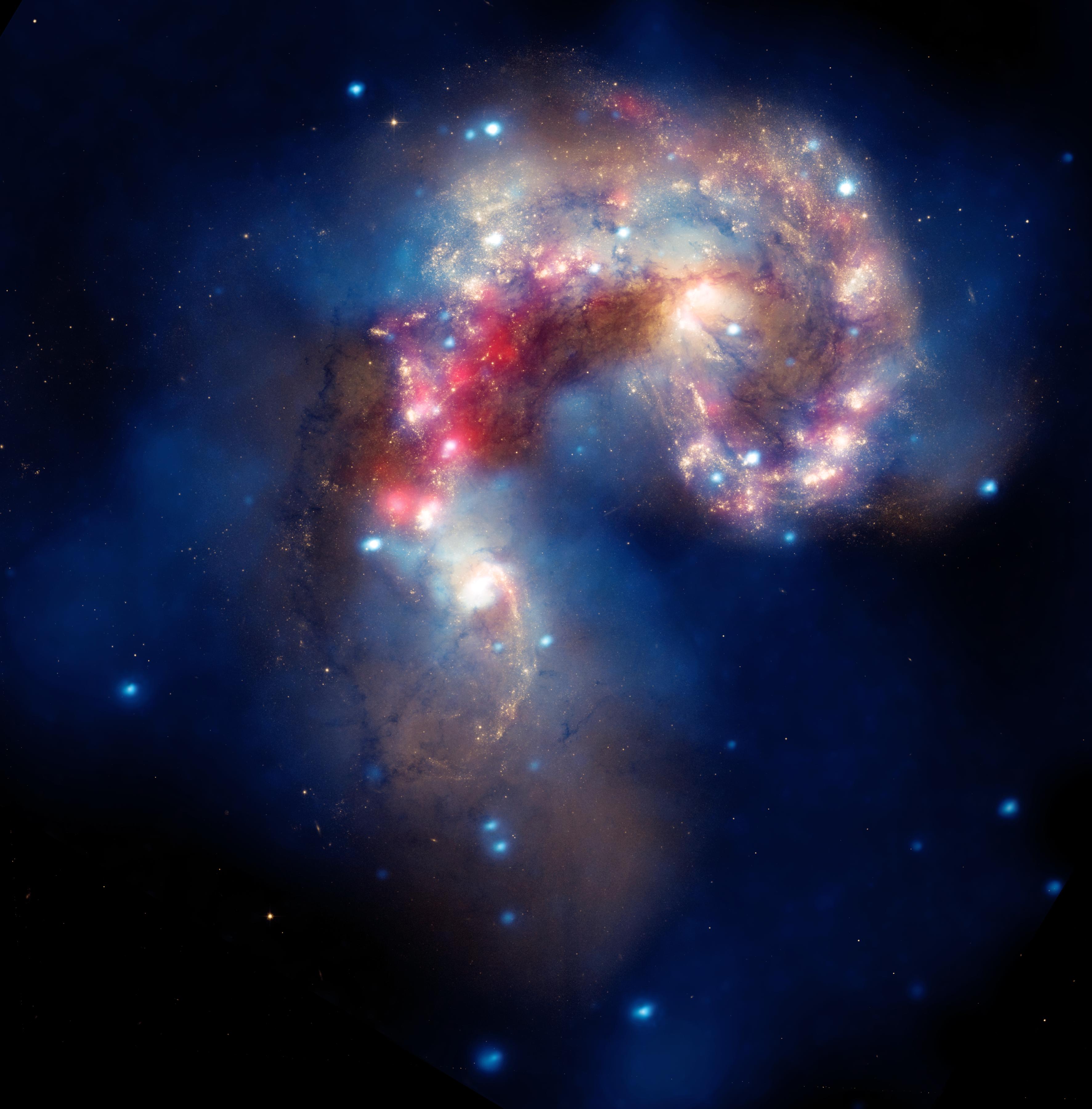 The Antennae galaxies, located about 62 million light-years from Earth, are shown in this composite image. The X-ray image from Chandra shows huge clouds of hot, interstellar gas, which have been injected with rich deposits of elements from supernova explosions.