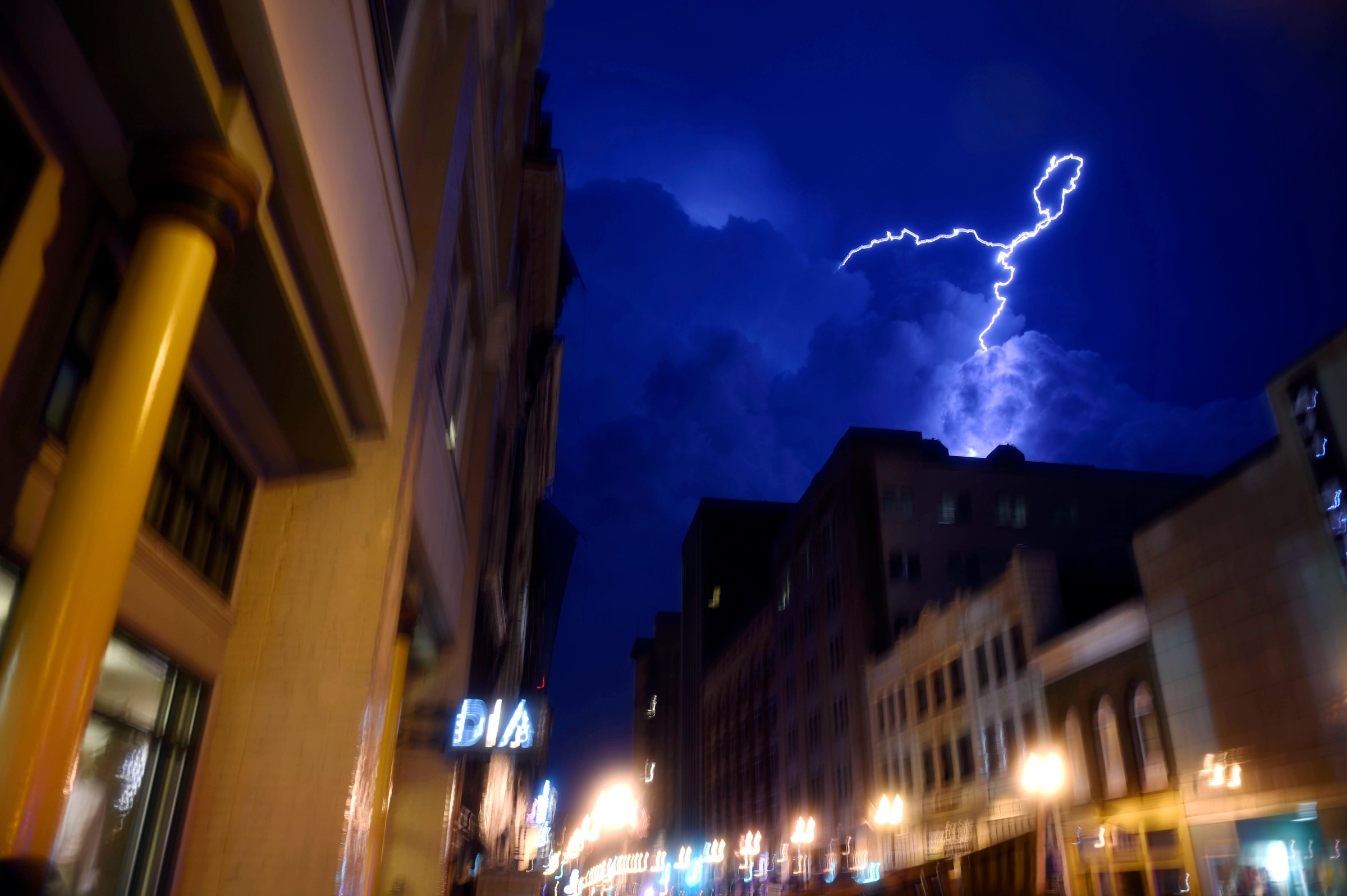 Lightning strikes over downtown in Knoxville, Tenn., on July 27, 2014.