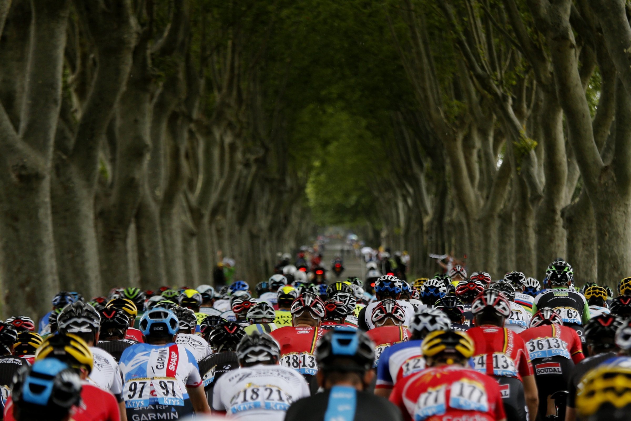 The pack of riders is on the way during the 15th stage of the 101st Tour de France cycling race, over 222 km from Tallard to Nimes, in France, on July, 20 2014.
