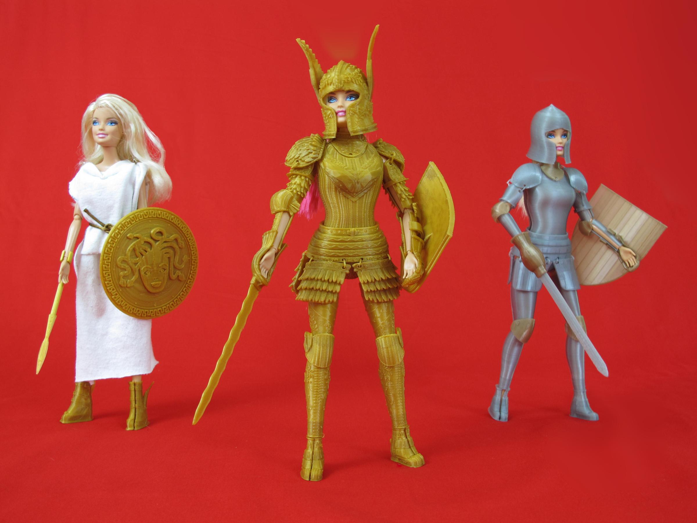 The three Barbie outfits in Rodda's "Faire Play Battle Set".