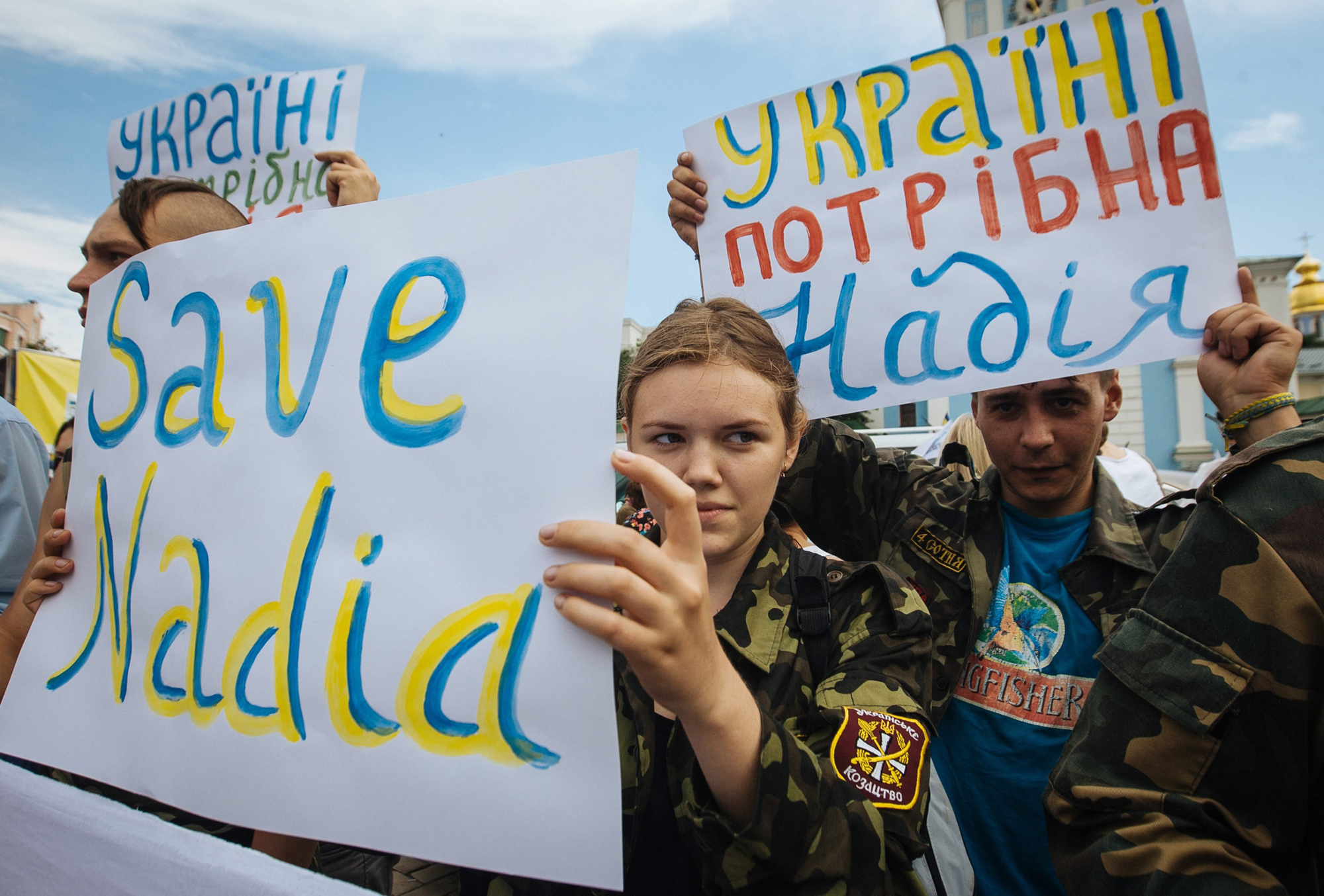 Ukrainian activists demanding the release of Ukrainian officer Nadiya Savchenko from Russian prison in Kiev, Ukraine, July 11. 