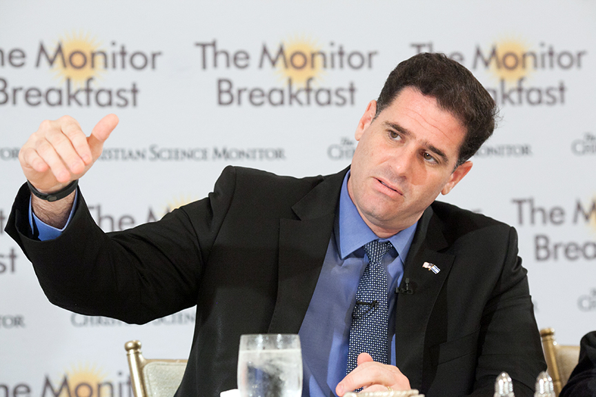 Israeli Ambassador to the United States Ron Dermer speaks to reporters at a breakfast organized by the Christian Science Monitor on July 22, 2014. (Michael Bonfigli/The Christian Science Monitor)