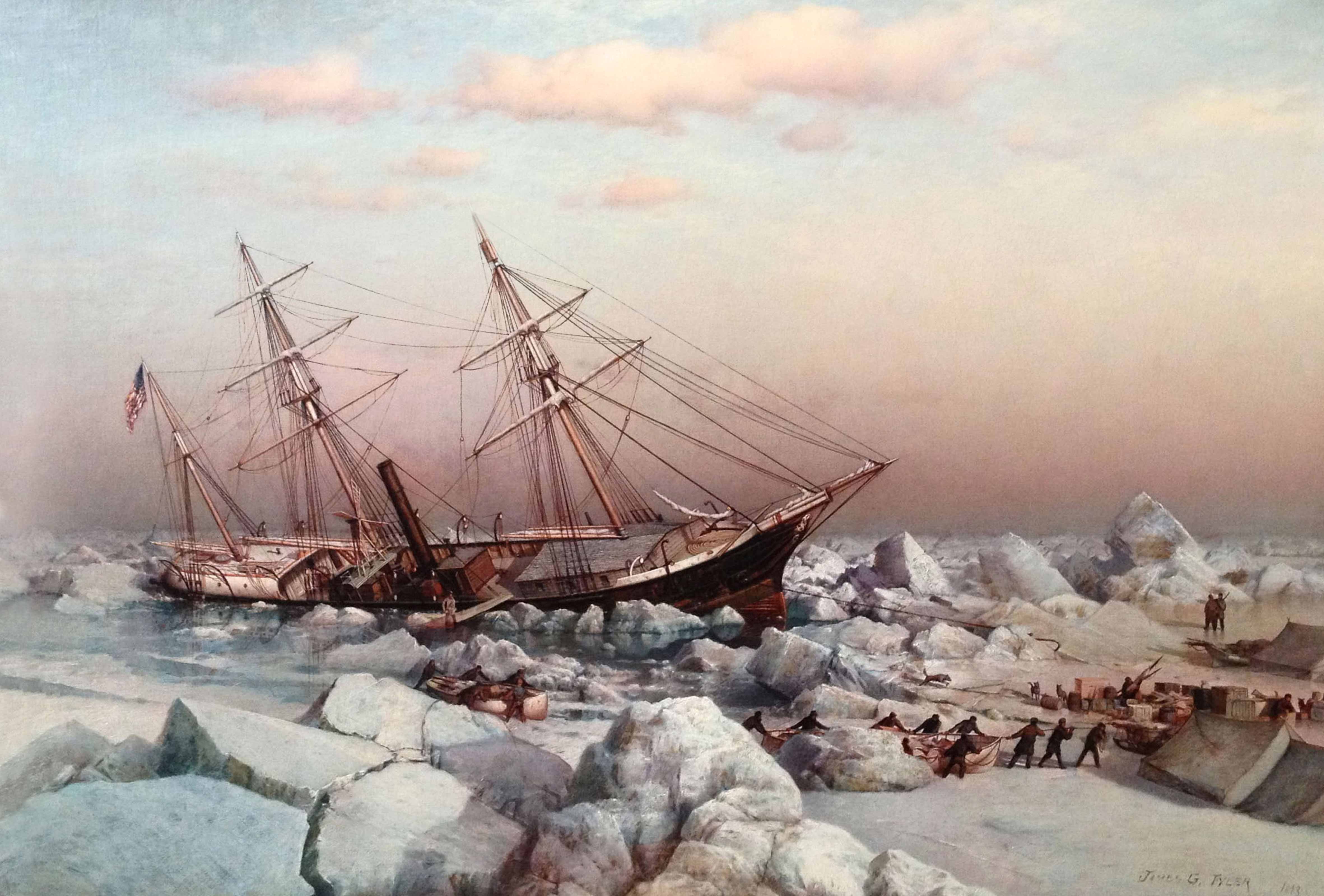 <strong>The Jeannette trapped in ice</strong>
                      <em>An 1883 painting based on drawings in De Long’s diary</em> (Abandoning The Jeanette, 1883: James G. Tyler—Courtesy Doubleday Books)