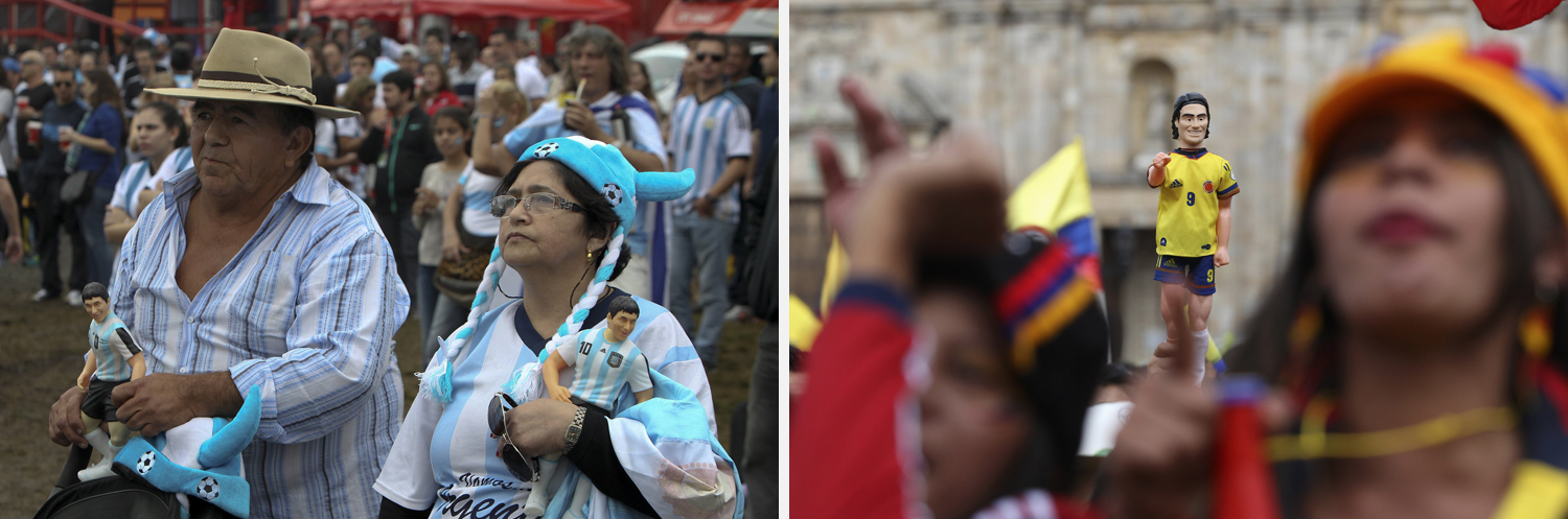 Colombia's fans hold toy figurine of Colombia's Falcao as they watch a broadcast of the 2014 World Cup round of 16 game between Colombia and Uruguay, at Bolivar Square in Bogota
