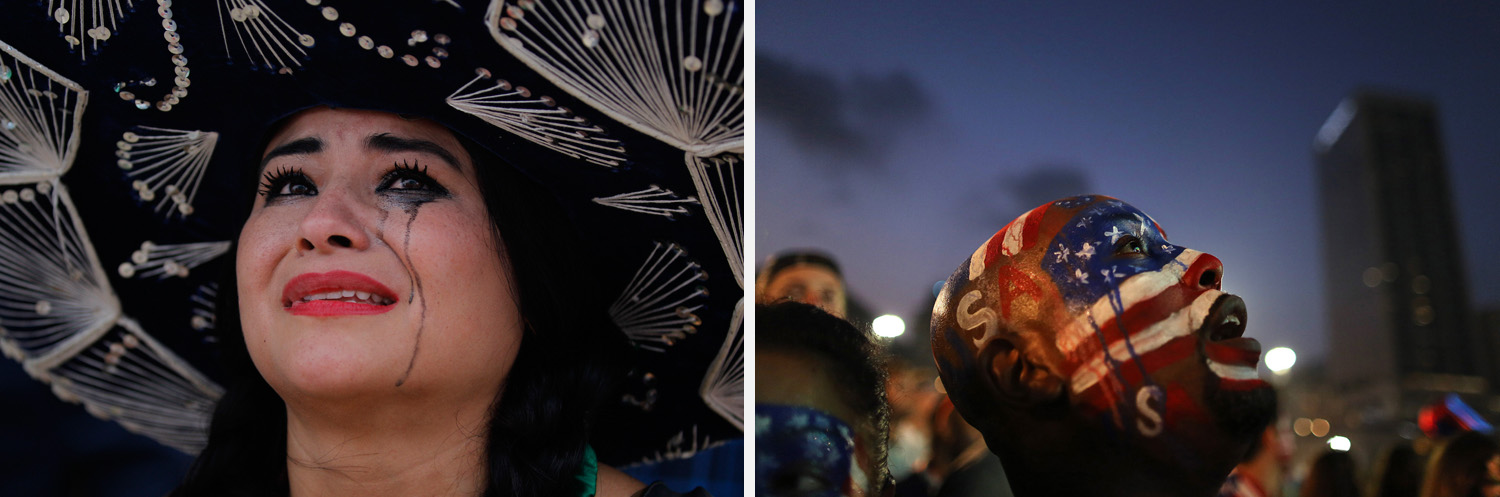 Left: A Mexico soccer fan cries after her team was defeated by the Netherlands inside the FIFA Fan Fest area in Rio de Janeiro. Right: A U.S. soccer fan watches his team's World Cup match against Belgium on a live telecast inside the FIFA Fan Fest area in Rio de Janeiro.