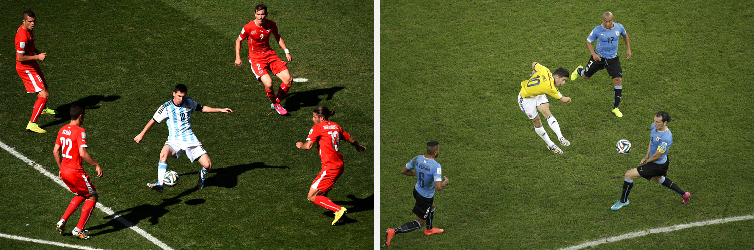Left: Lionel Messi of Argentina controls the ball during the match between Argentina and Switzerland at Arena de Sao Paulo. Right: Colombia's James Rodriguez scores a goal during the match against Uruguay e at the Maracana stadium.