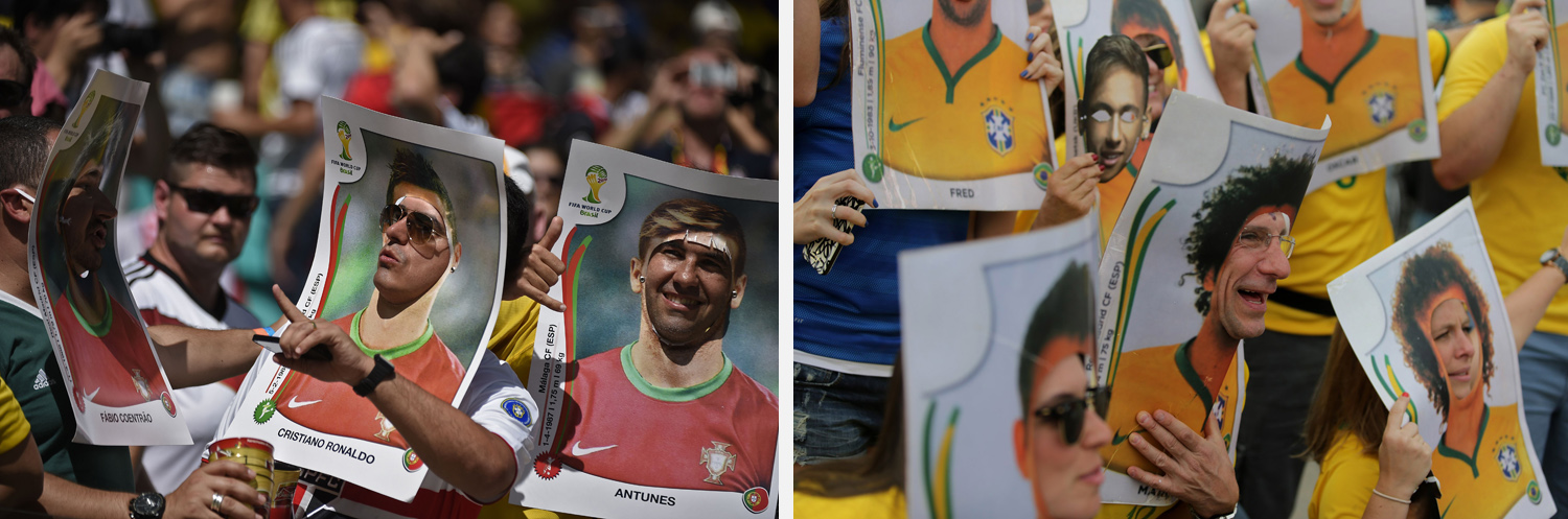 Left: Portugal fans pose prior to the Group G match between Germany and Portugal at the Fonte Nova Arena in Salvador, Brazil. Right: Brazil fans pose prior to the game between Brazil vs Germanyin Belo Horizonte, Brazil.