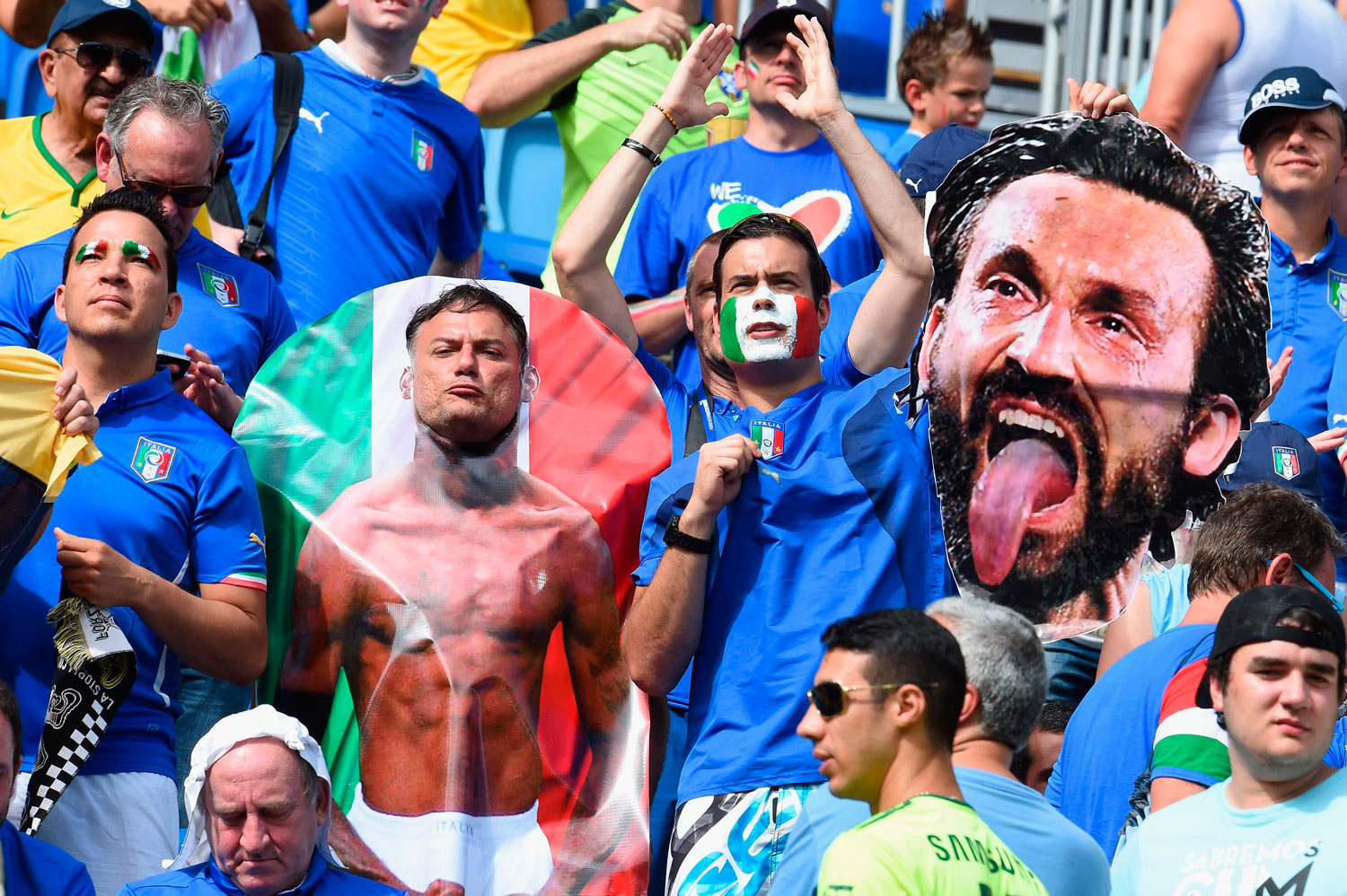 Italy fans hold a cutout of Andrea Pirlo during the match between Italy and Uruguay at Estadio das Dunas on June 24, 2014 in Natal, Brazil.