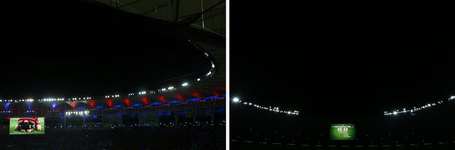 Left: Match highlights are screened after the 2014 World Cup match between Spain and Chile in Rio de Janeiro, Brazil Right: The final score is projected on a screen after the 2014 World Cup semi-finals between Germany and Brazil in Belo Horizonte, Brazil