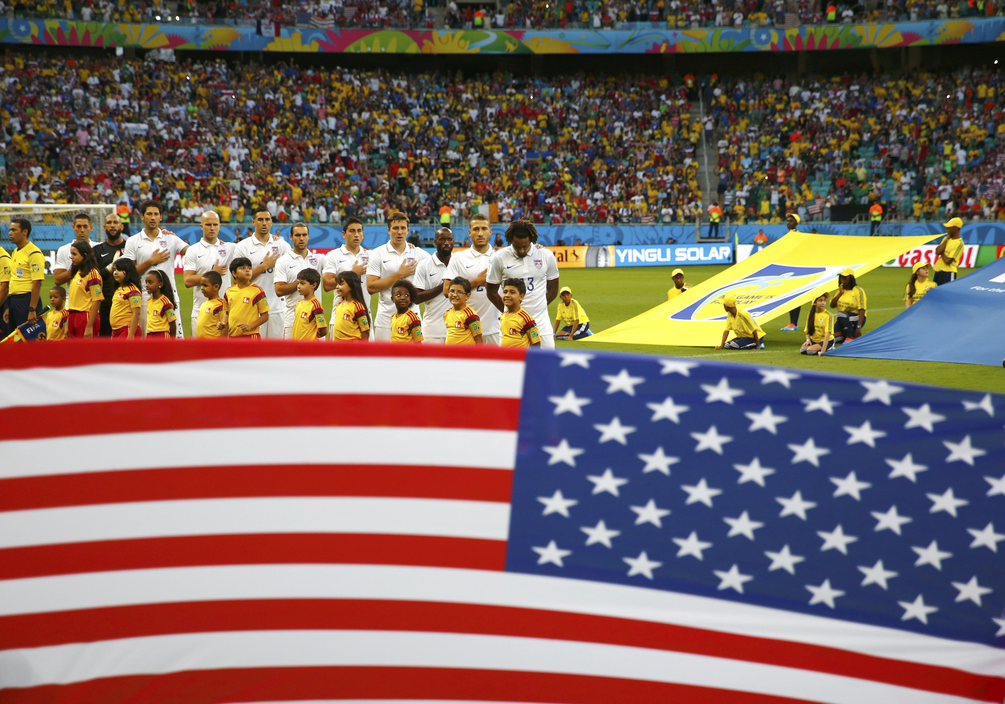 U.S. players sing the anthem before the game between Belgium and the U.S. at the Fonte Nova arena in Salvador, Brazil on July 1, 2014.