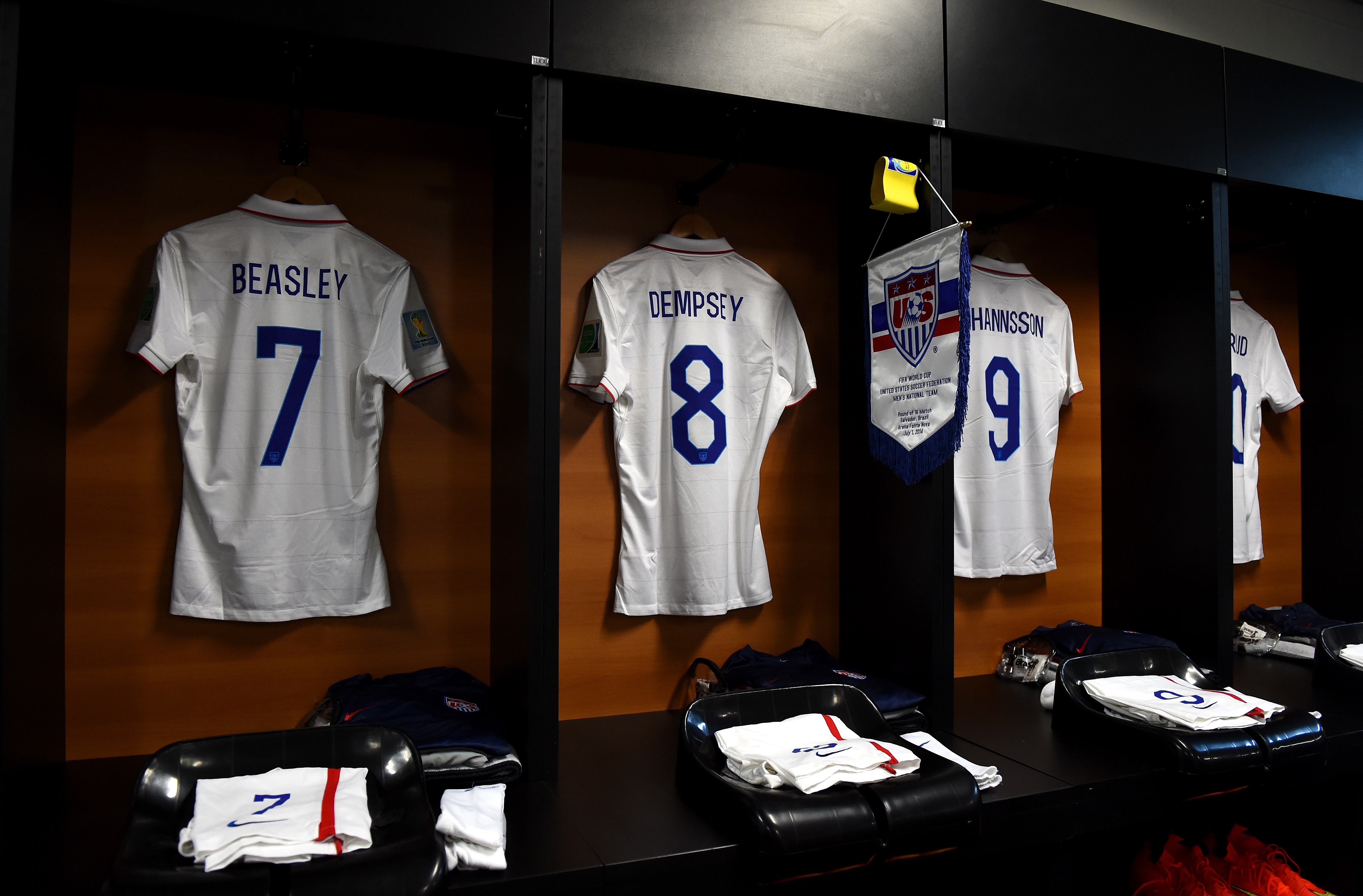 Shirts worn by the United States players hang in the dressing room prior to the 2014 FIFA World Cup Brazil Round of 16 match between Belgium and USA at Arena Fonte Nova on July 1, 2014 in Salvador, Brazil.